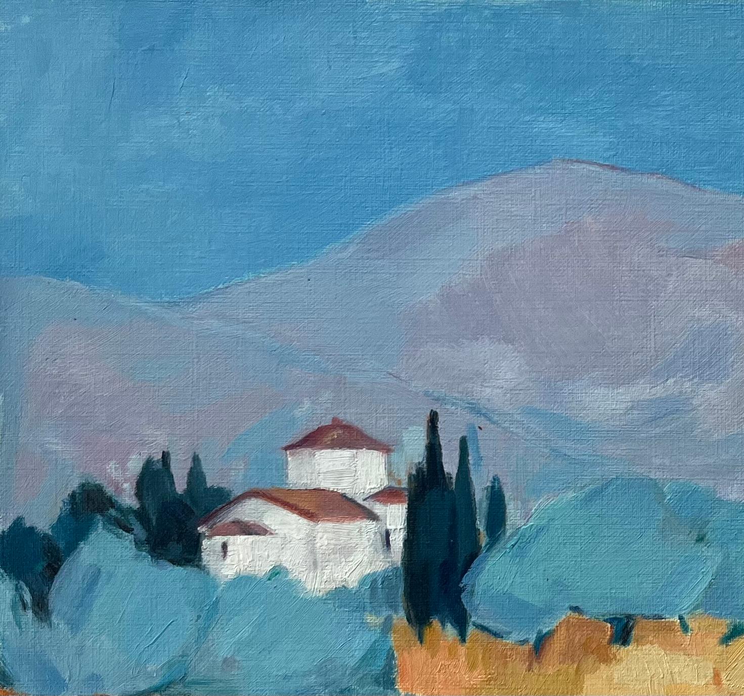 Título: Pintura al Óleo Original de Paisaje Griego Tranquilo con Villa y Cipreses

Artista: Roland Pichard

Firmado: Abajo a la derecha

Técnica: Óleo sobre papel al óleo, montado sobre cartulina

Tamaño: 10,75 (alto) x 14 (ancho), (Incluido el