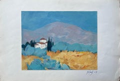 Originales Ölgemälde einer Tranquil-griechischen Landschaft mit Villa und Zypressenbäumen