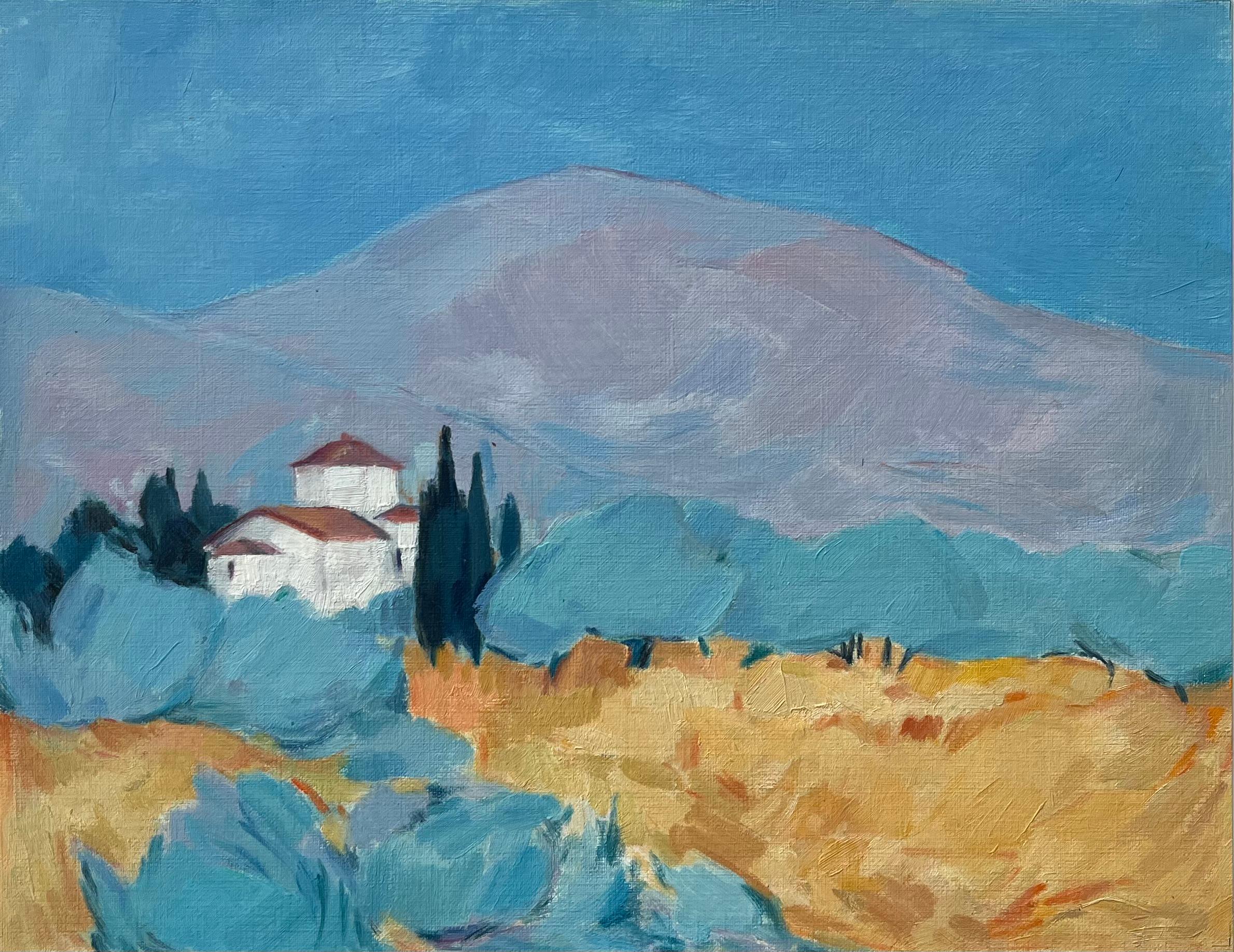 Abstract Painting de Roland Pichard - Pintura al Óleo Original de Paisaje Griego Tranquilo con Villa y Cipreses