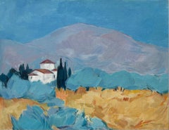 Original Oil Painting of Tranquil Greek Landscape with Villa and Cypress Trees