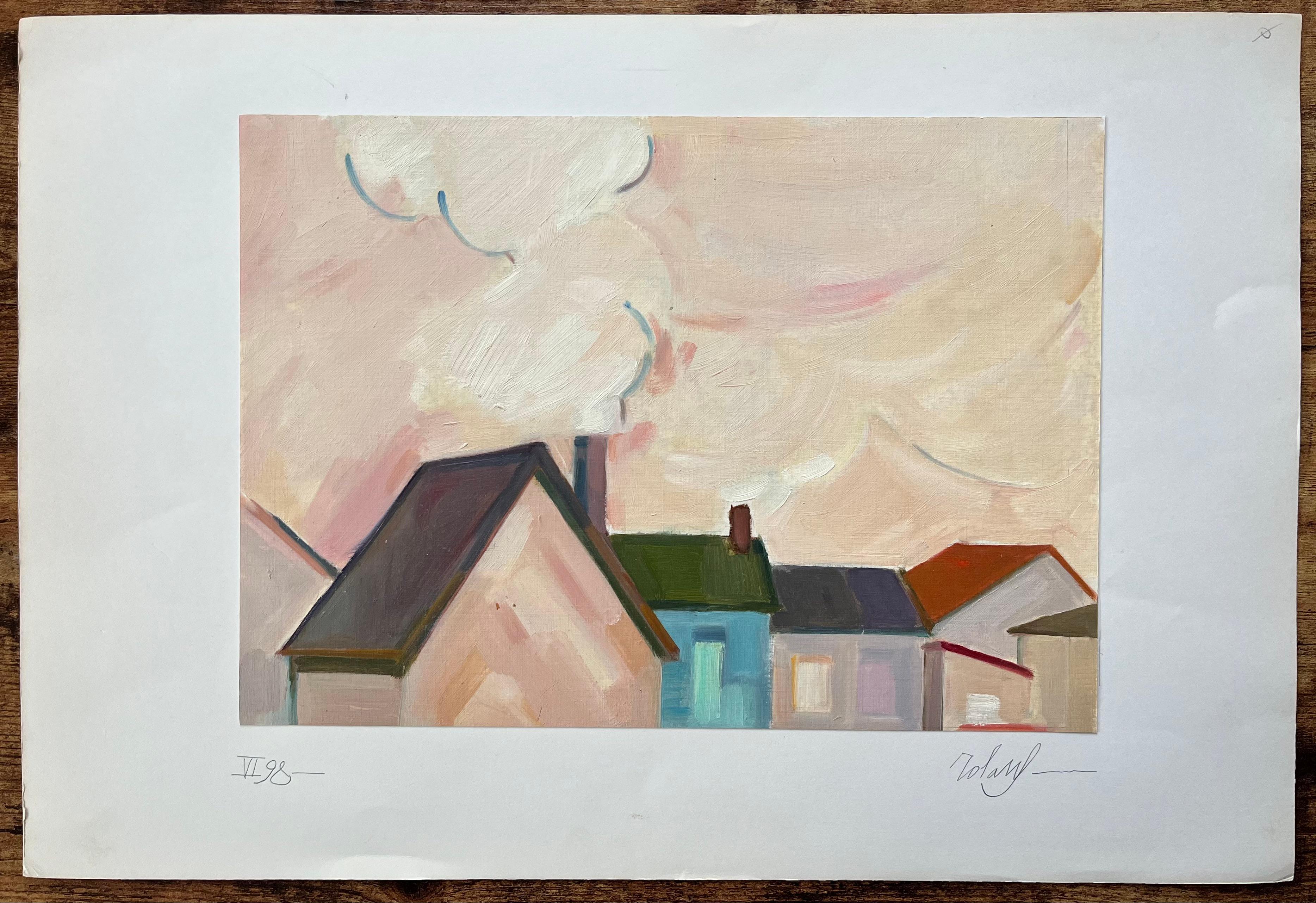 Original Oil Painting of Urban Rooftops with Chimneys and Smoke - Beige Landscape Painting by Roland Pichard
