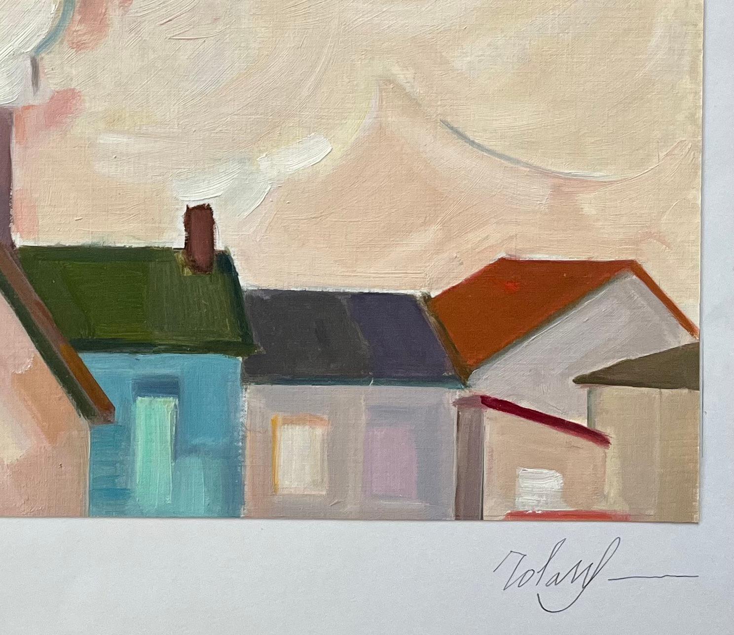 Title: Original Oil Painting of Urban Rooftops with Chimneys and Smoke

Artist: Roland Pichard

Signed: Bottom right

Medium: Oil on oil paper, mounted on card

Size: 10.5 (height) x 15 (width), (Including mounting: 15 (height) x 22