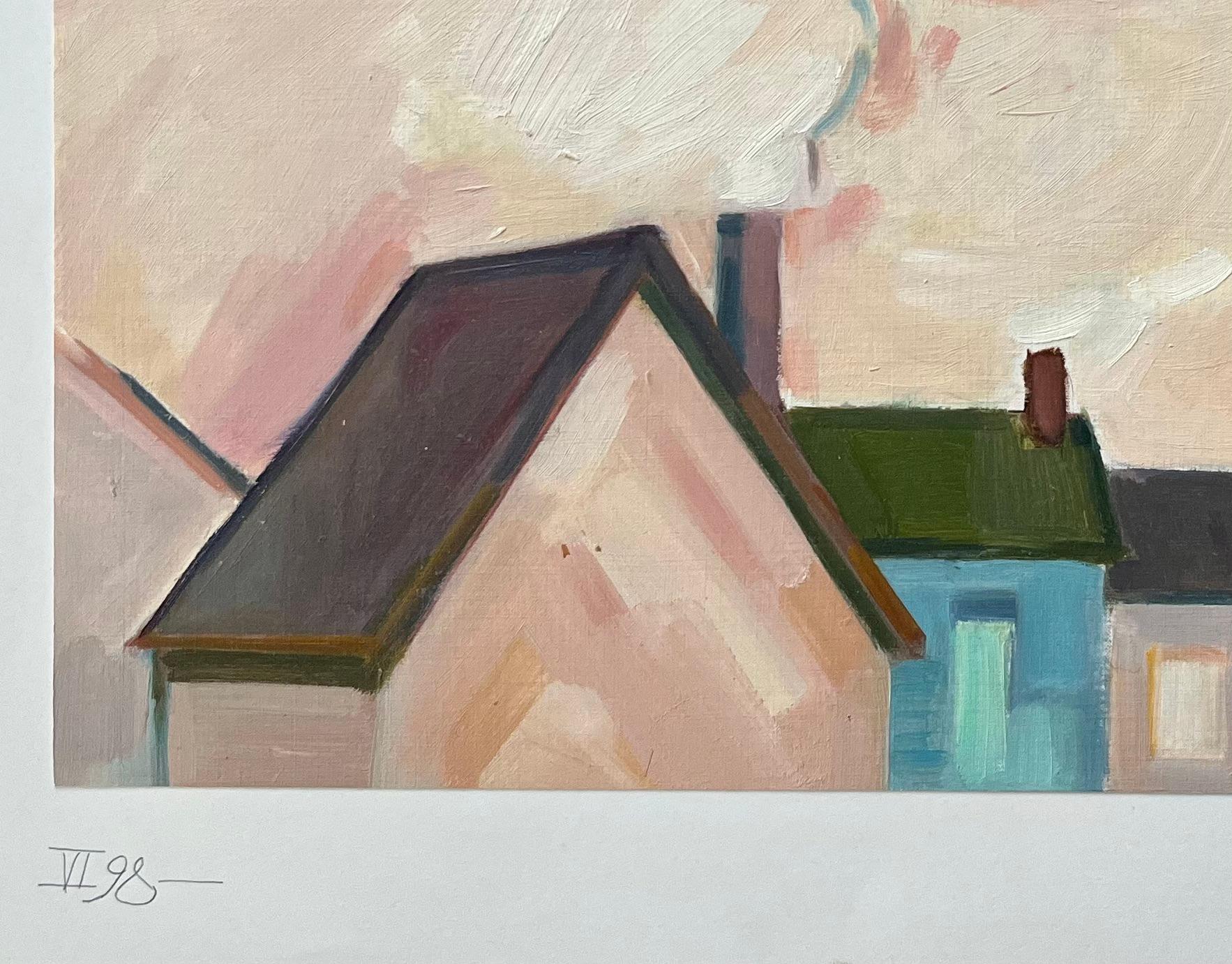 Original Oil Painting of Urban Rooftops with Chimneys and Smoke For Sale 1