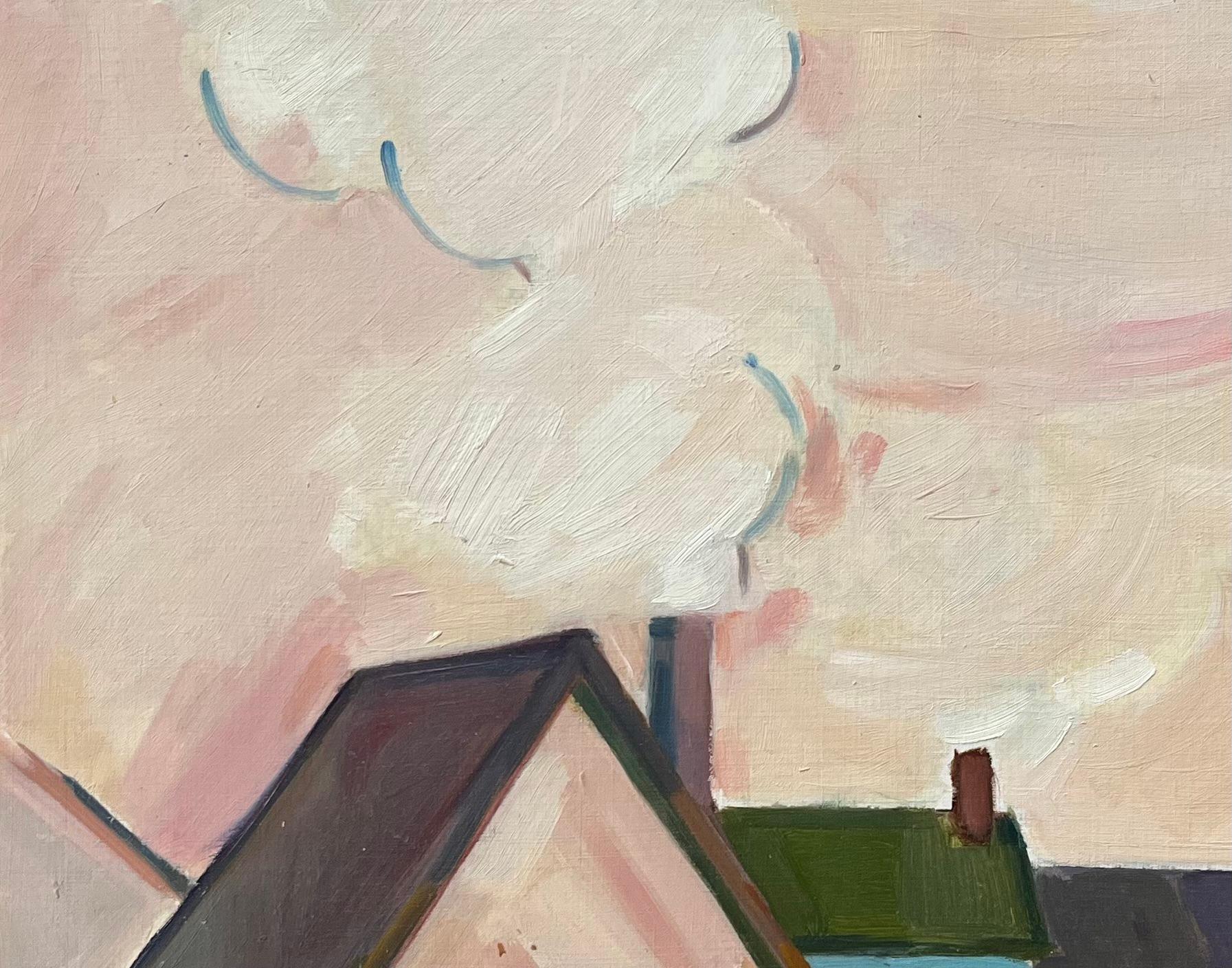 Original Oil Painting of Urban Rooftops with Chimneys and Smoke For Sale 2