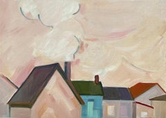Original Oil Painting of Urban Rooftops with Chimneys and Smoke