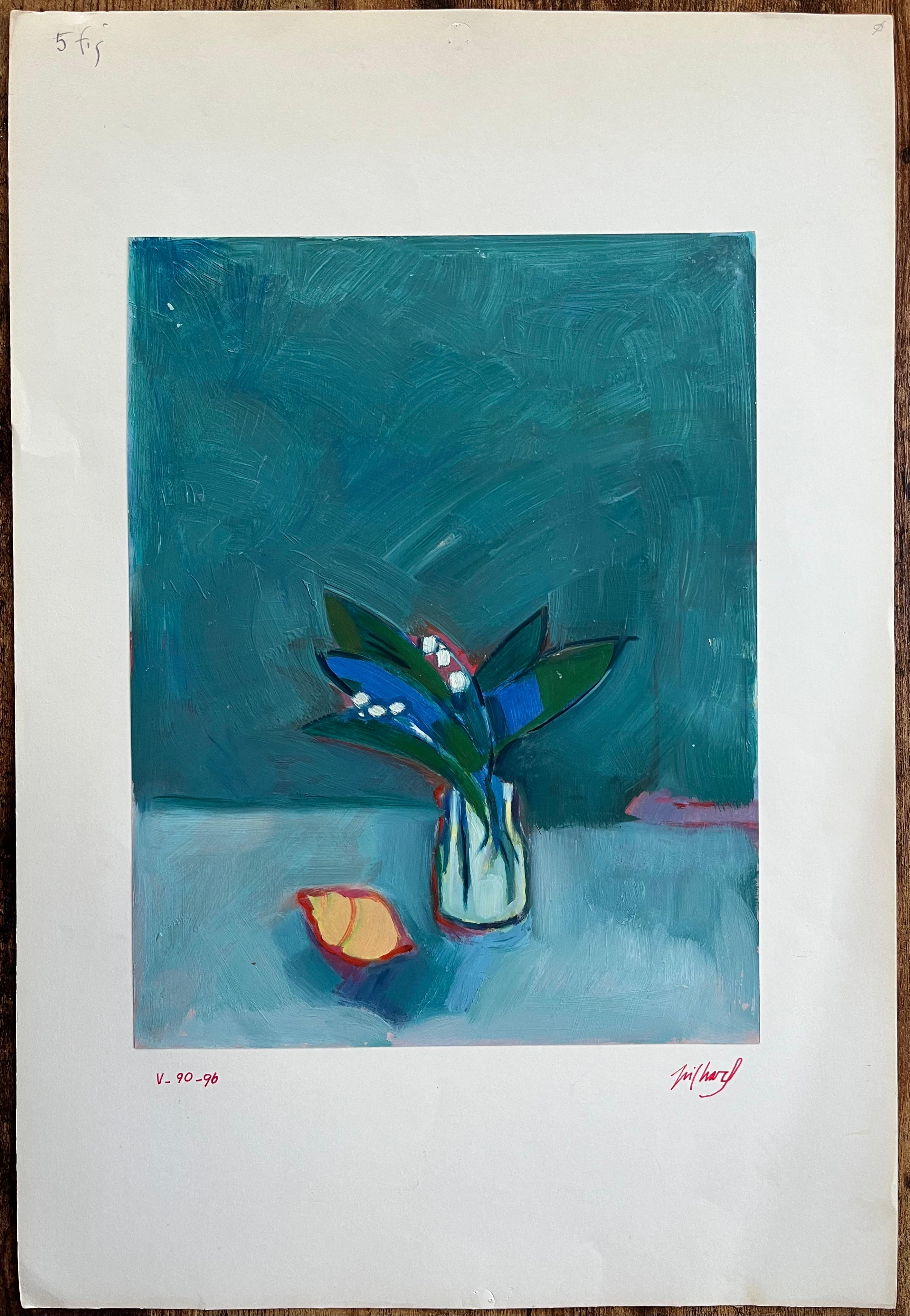 Original Oil Painting of Vase of Lily of the Valley and a Seashell - Blue Still-Life Painting by Roland Pichard