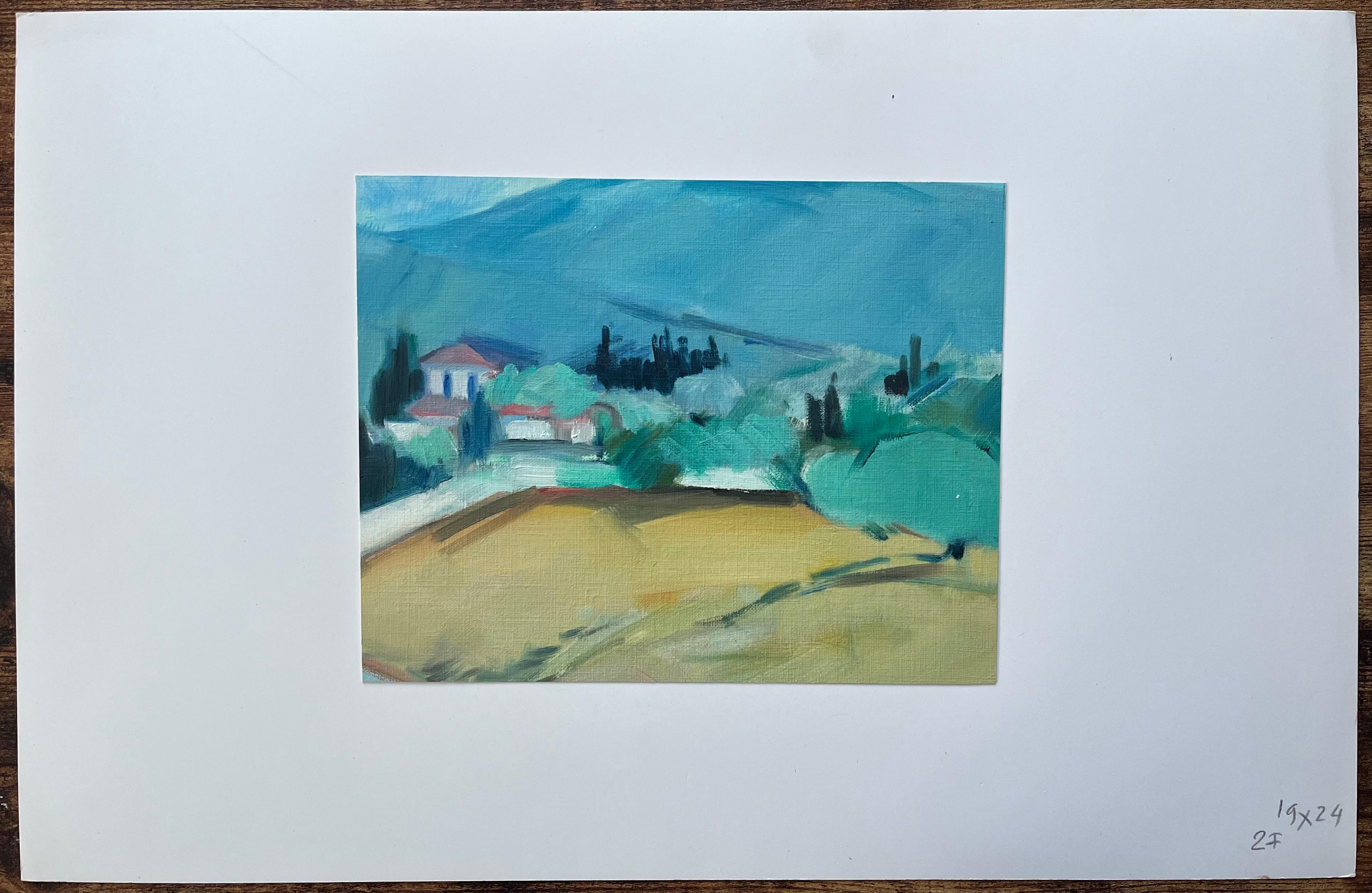 Pittura a olio originale di un vivace paesaggio di campagna con colline e alberi - Painting di Roland Pichard