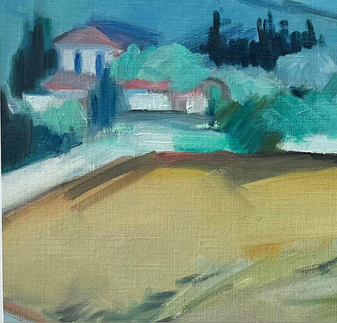 Pittura a olio originale di un vivace paesaggio di campagna con colline e alberi - Abstract Painting Grigio di Roland Pichard