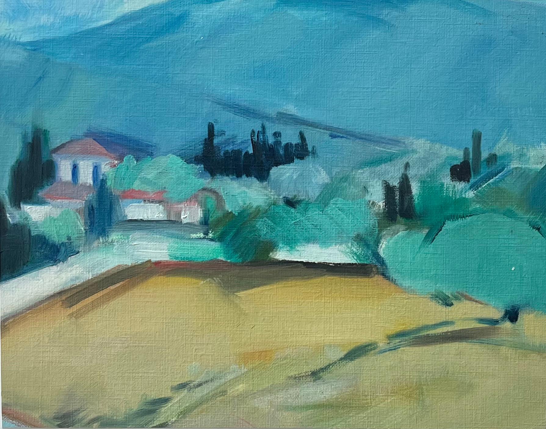 Abstract Painting di Roland Pichard - Pittura a olio originale di un vivace paesaggio di campagna con colline e alberi