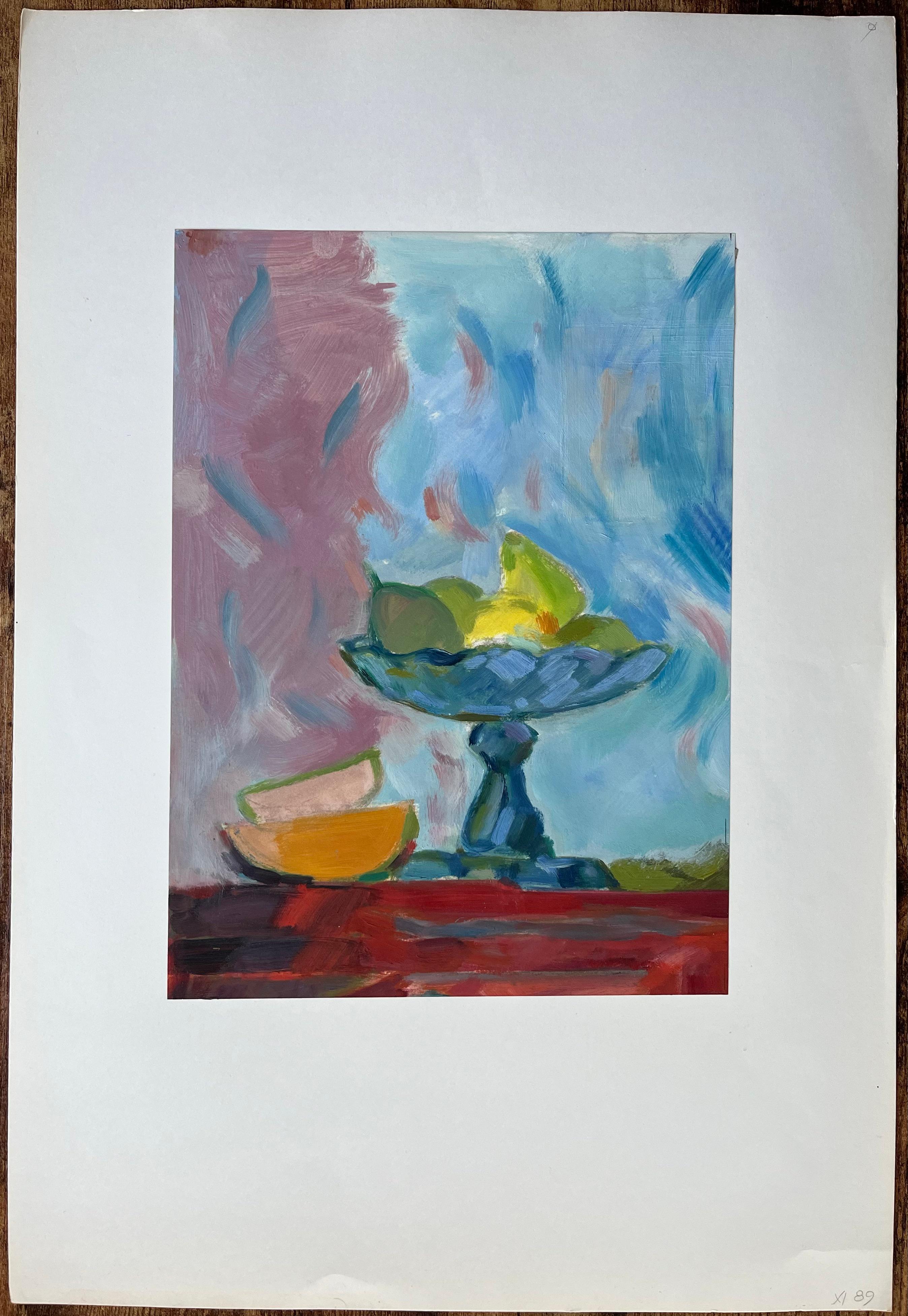 Pintura al óleo original de bodegón vibrante con frutero y fruta en rodajas - Painting Posimpresionista de Roland Pichard