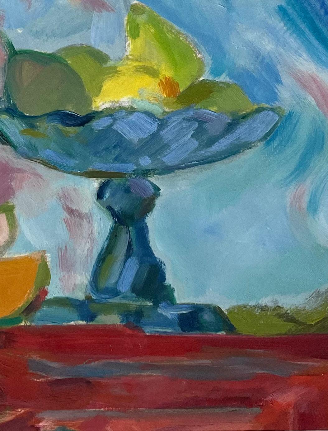 Pintura al óleo original de bodegón vibrante con frutero y fruta en rodajas - Abstract Painting Gris de Roland Pichard