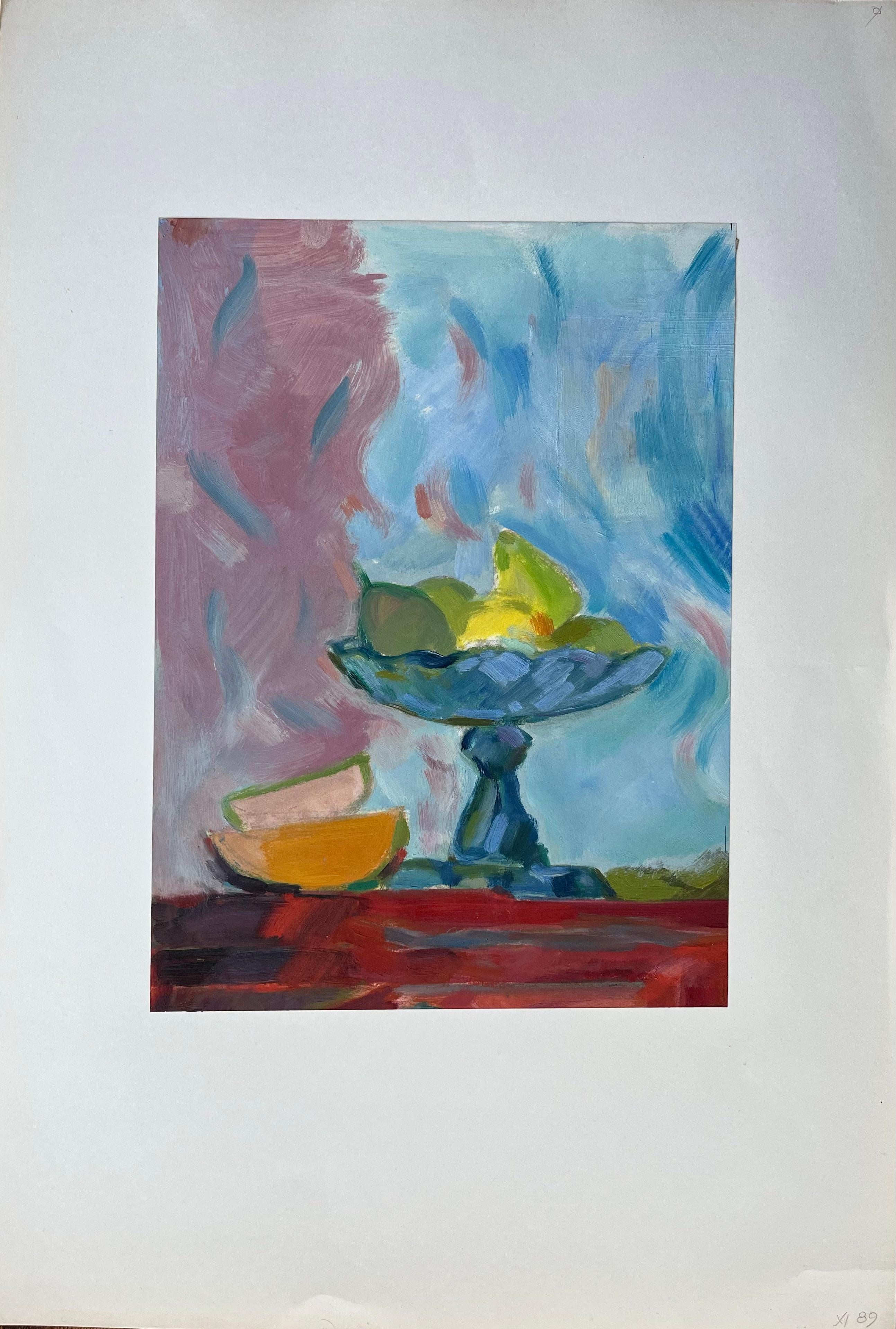Pintura al óleo original de bodegón vibrante con frutero y fruta en rodajas - Painting de Roland Pichard