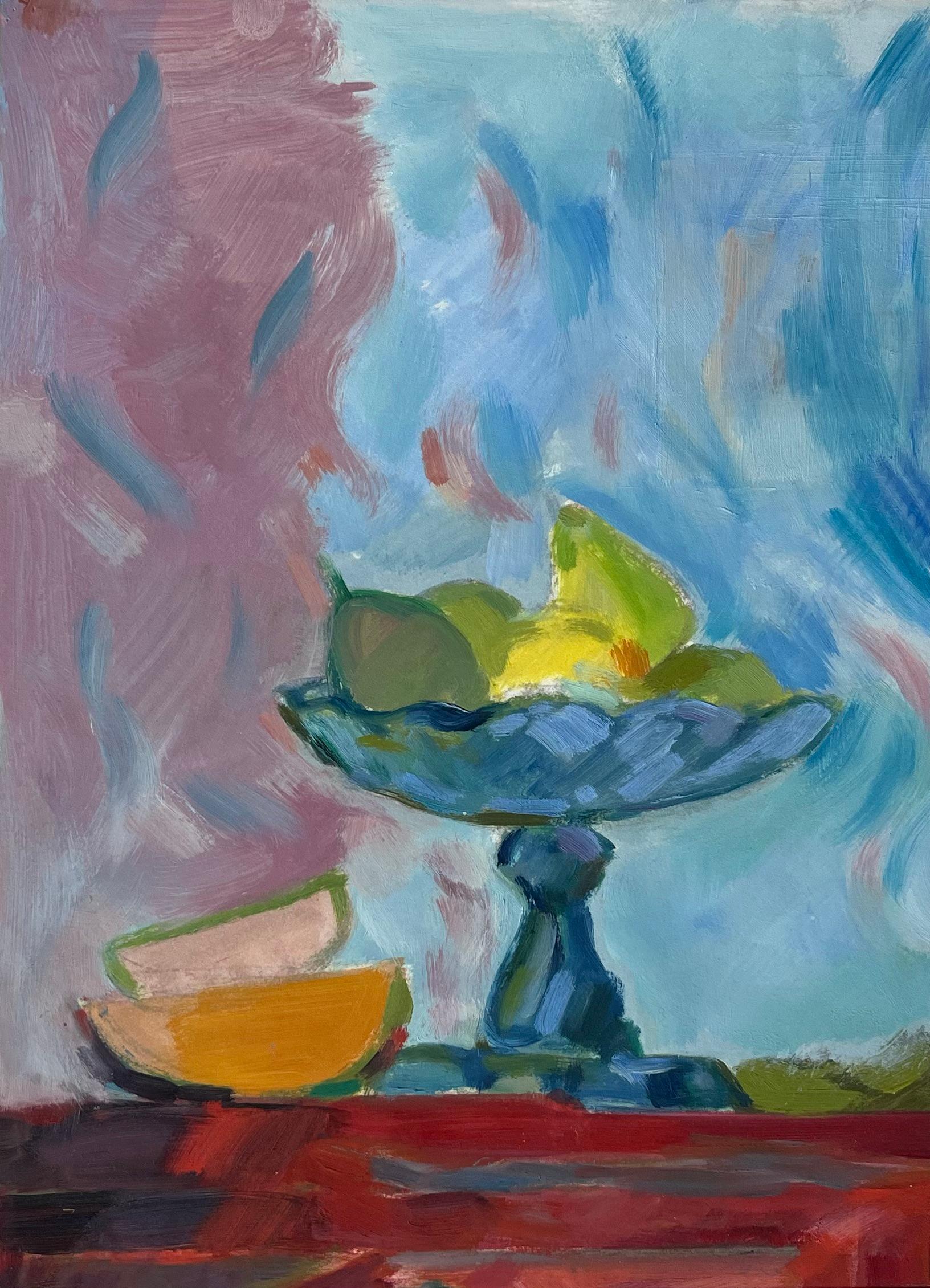Abstract Painting de Roland Pichard - Pintura al óleo original de bodegón vibrante con frutero y fruta en rodajas
