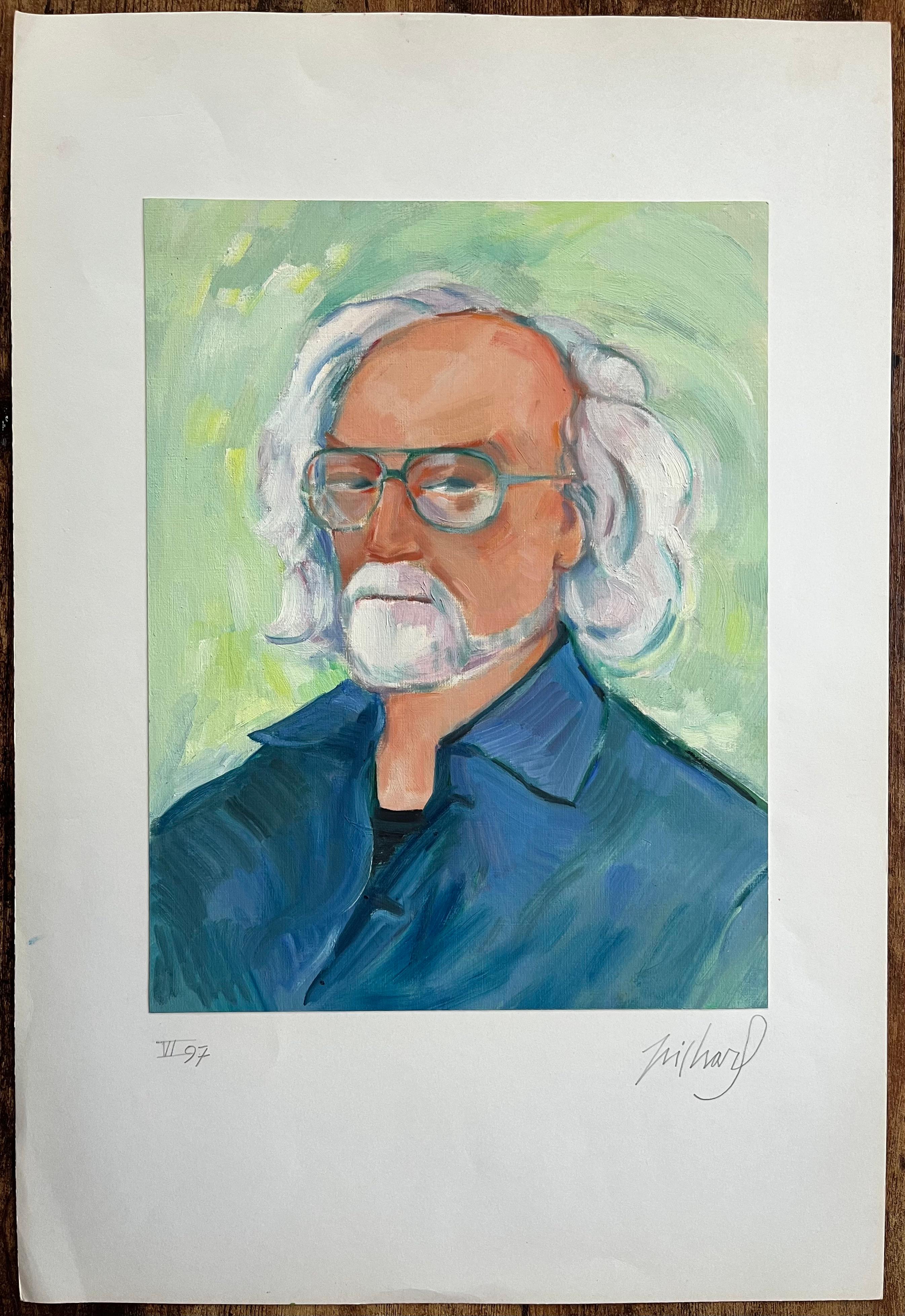 Porträt eines Gentleman in Blau mit Gläsern – expressionistisches Ölgemälde – Painting von Roland Pichard