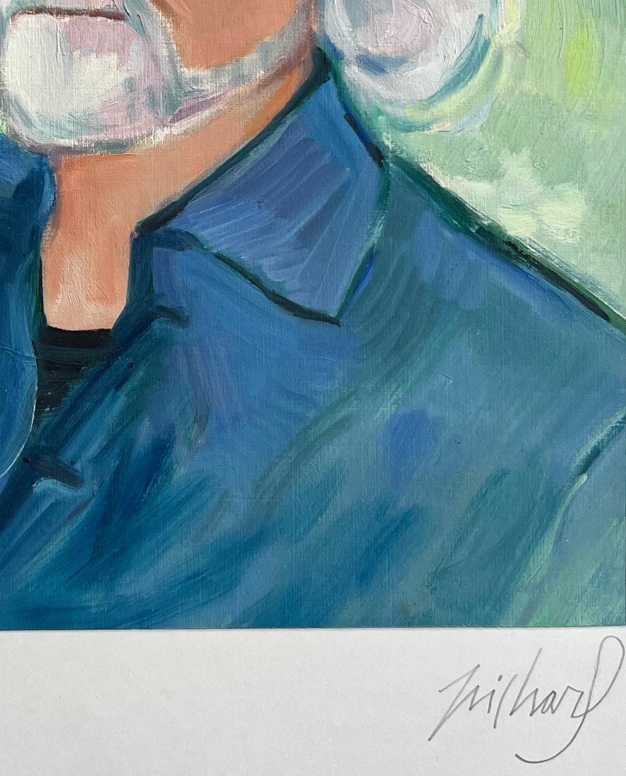 Porträt eines Gentleman in Blau mit Gläsern – expressionistisches Ölgemälde (Grau), Portrait Painting, von Roland Pichard