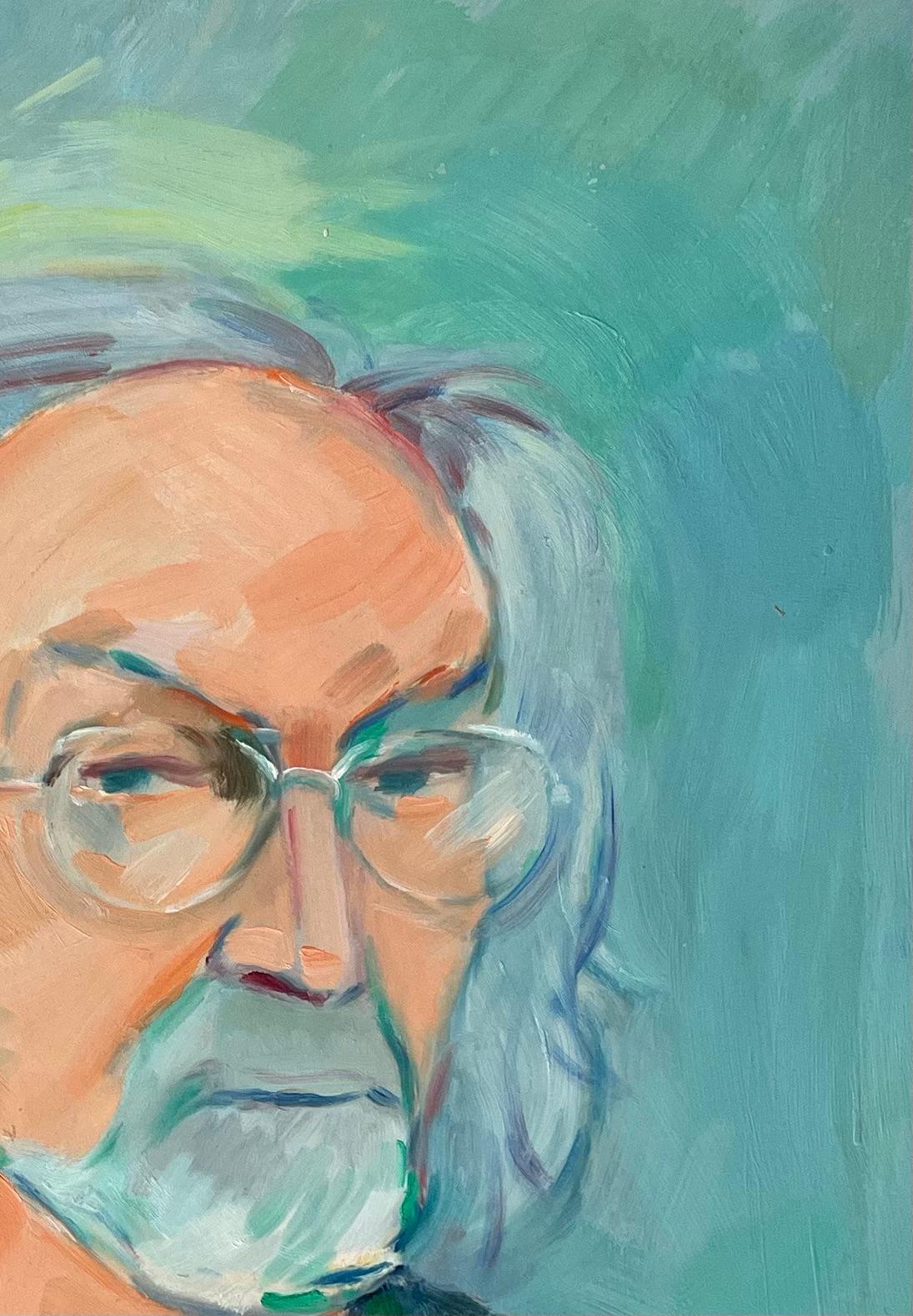 Ritratto di gentiluomo con occhiali - Pittura ad olio contemporanea - Portrait Painting Blu di Roland Pichard