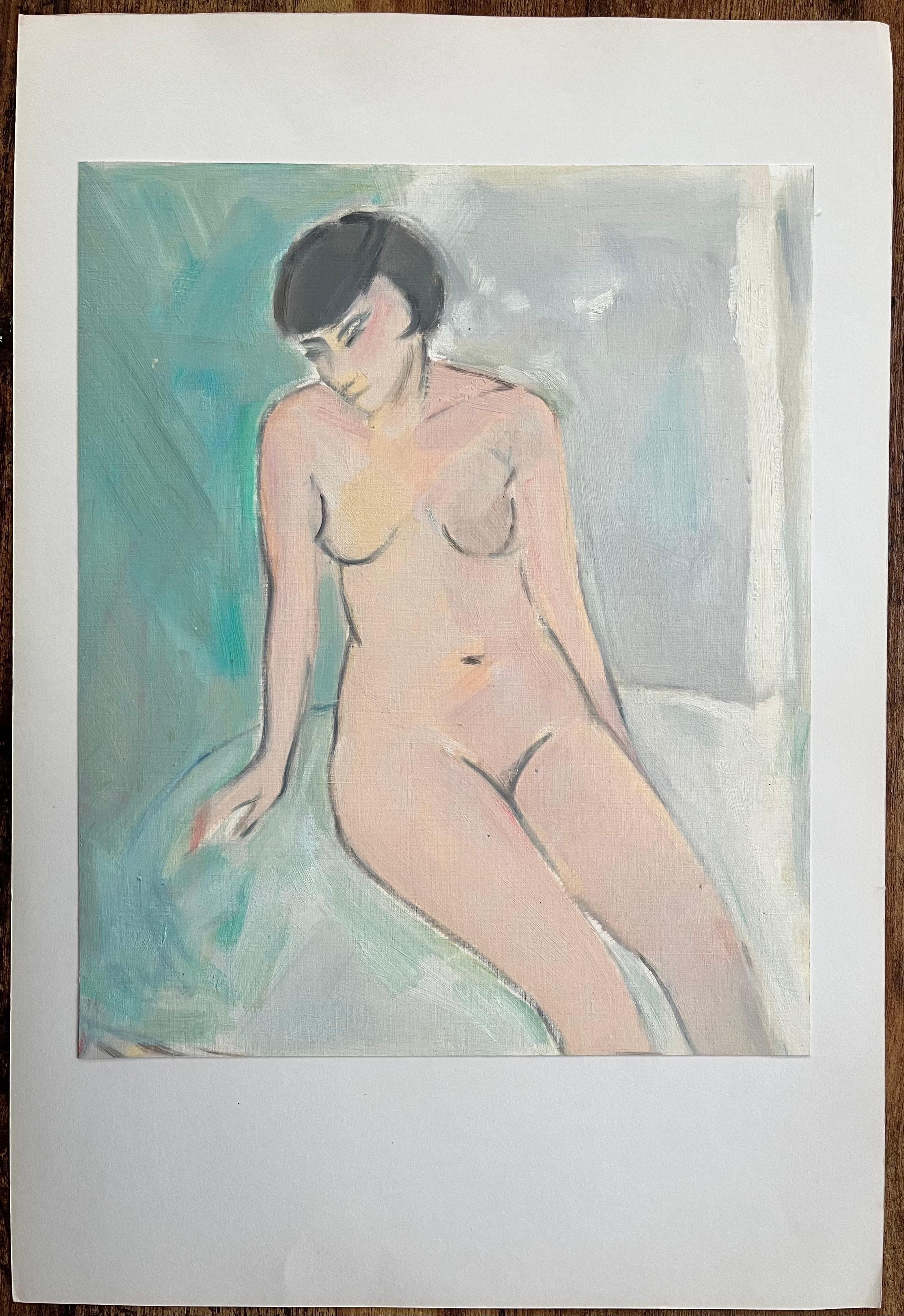 Estudio de desnudo sentado en pasteles suaves - Pintura al óleo contemporánea - Painting de Roland Pichard