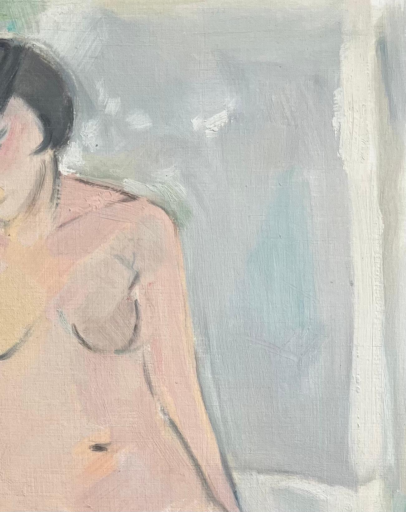 Estudio de desnudo sentado en pasteles suaves - Pintura al óleo contemporánea - Figurative Painting Gris de Roland Pichard