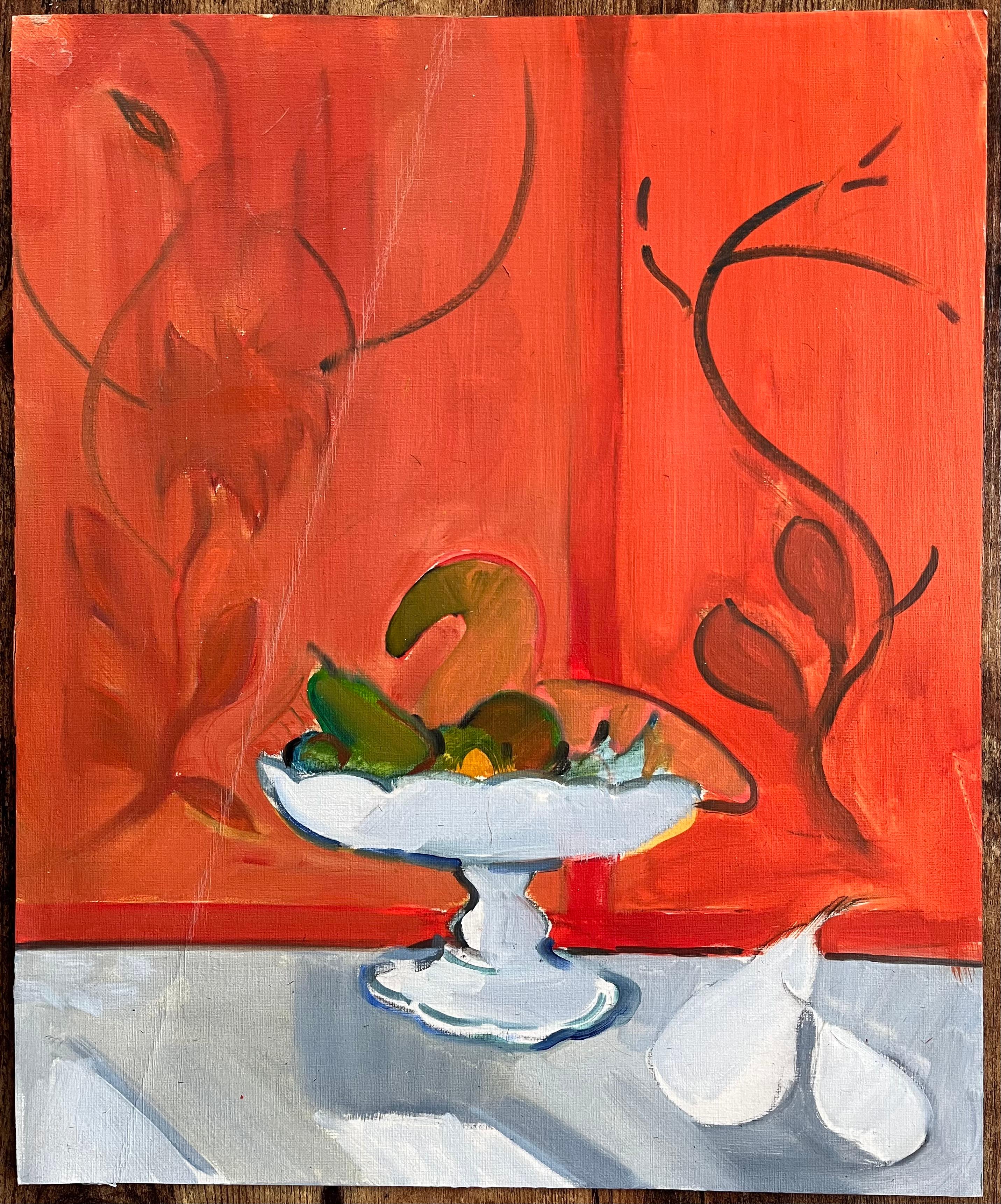 Bodegón con frutero y peras sobre fondo rojo vivo - Painting de Roland Pichard