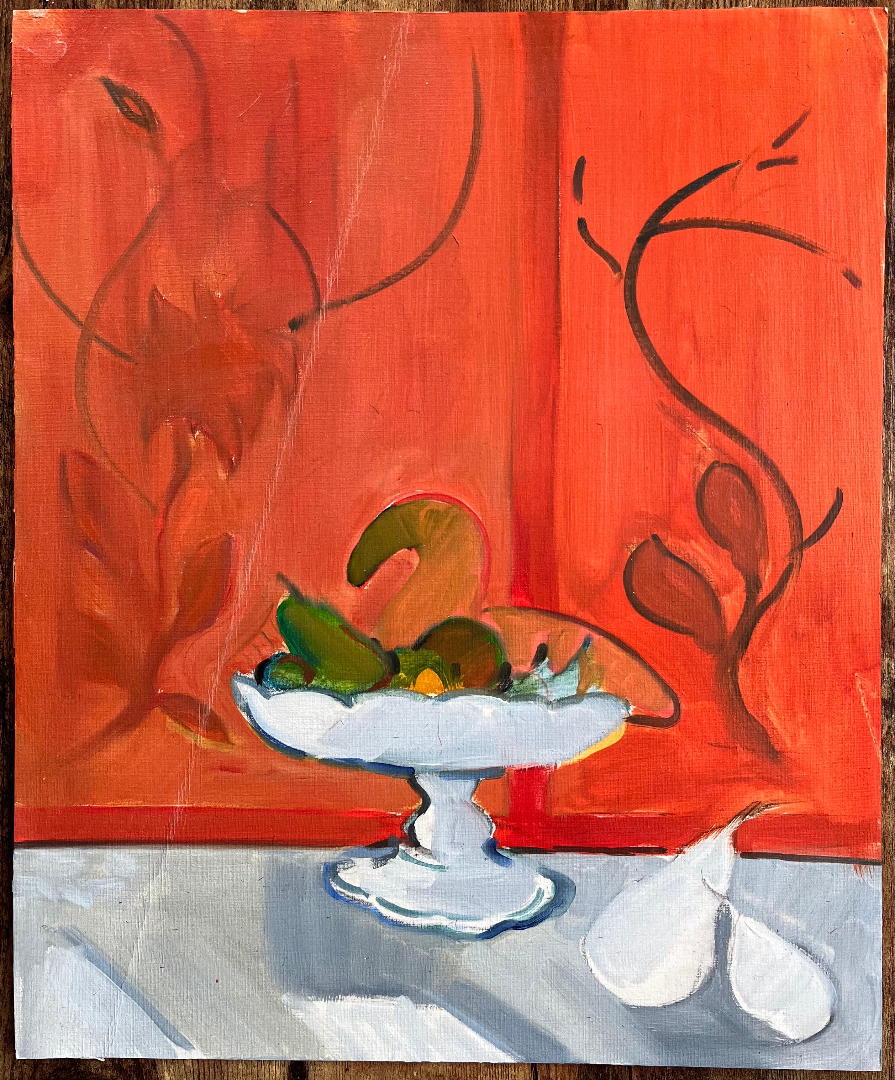 Bodegón con frutero y peras sobre fondo rojo vivo - Painting Posimpresionista de Roland Pichard