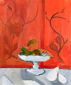 Still Life with Fruit Bowl and Pears Against a Vibrant Red Background