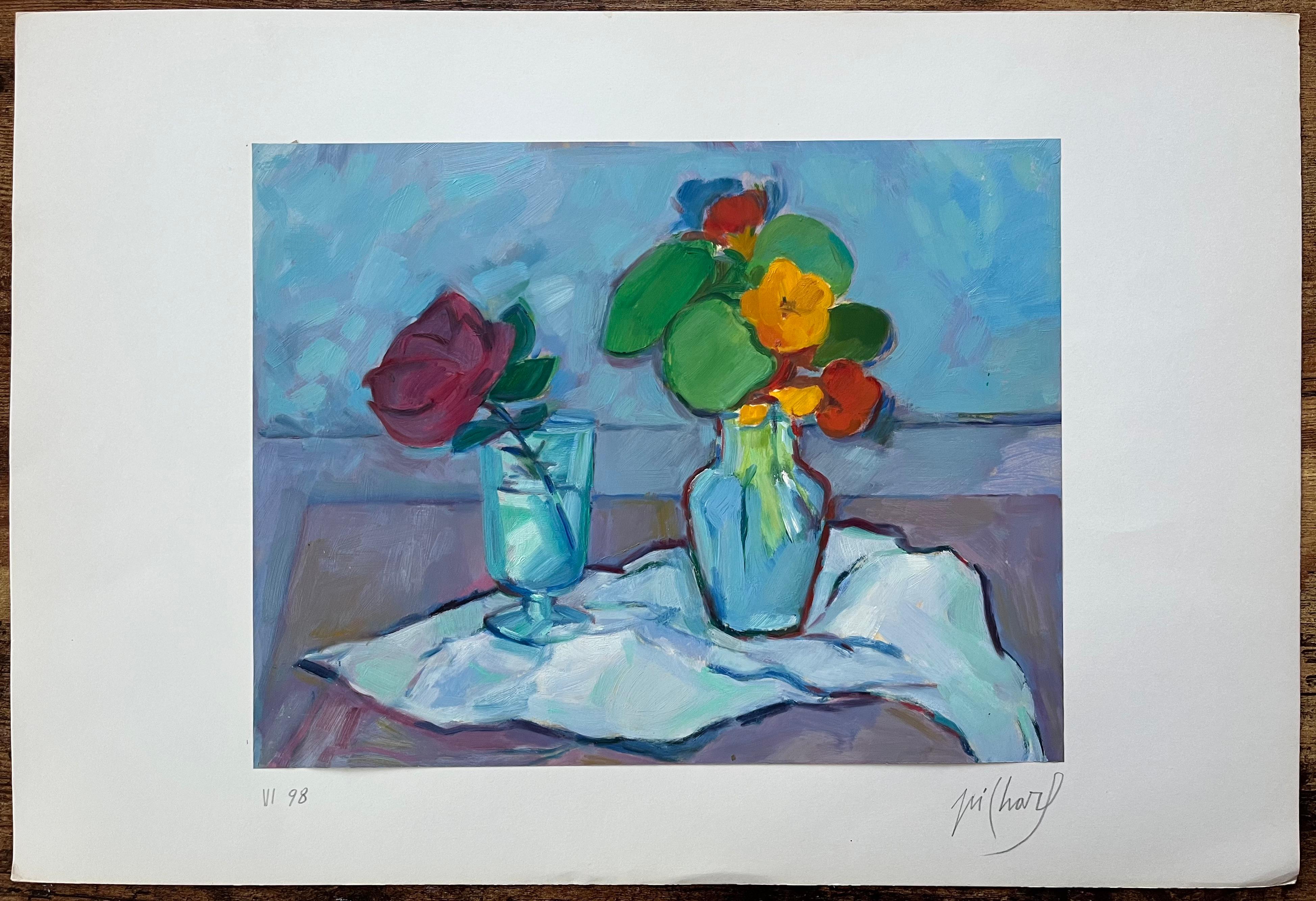 Natura morta con rose e nasturzi - Pittura ad olio contemporanea e vibrante - Painting di Roland Pichard