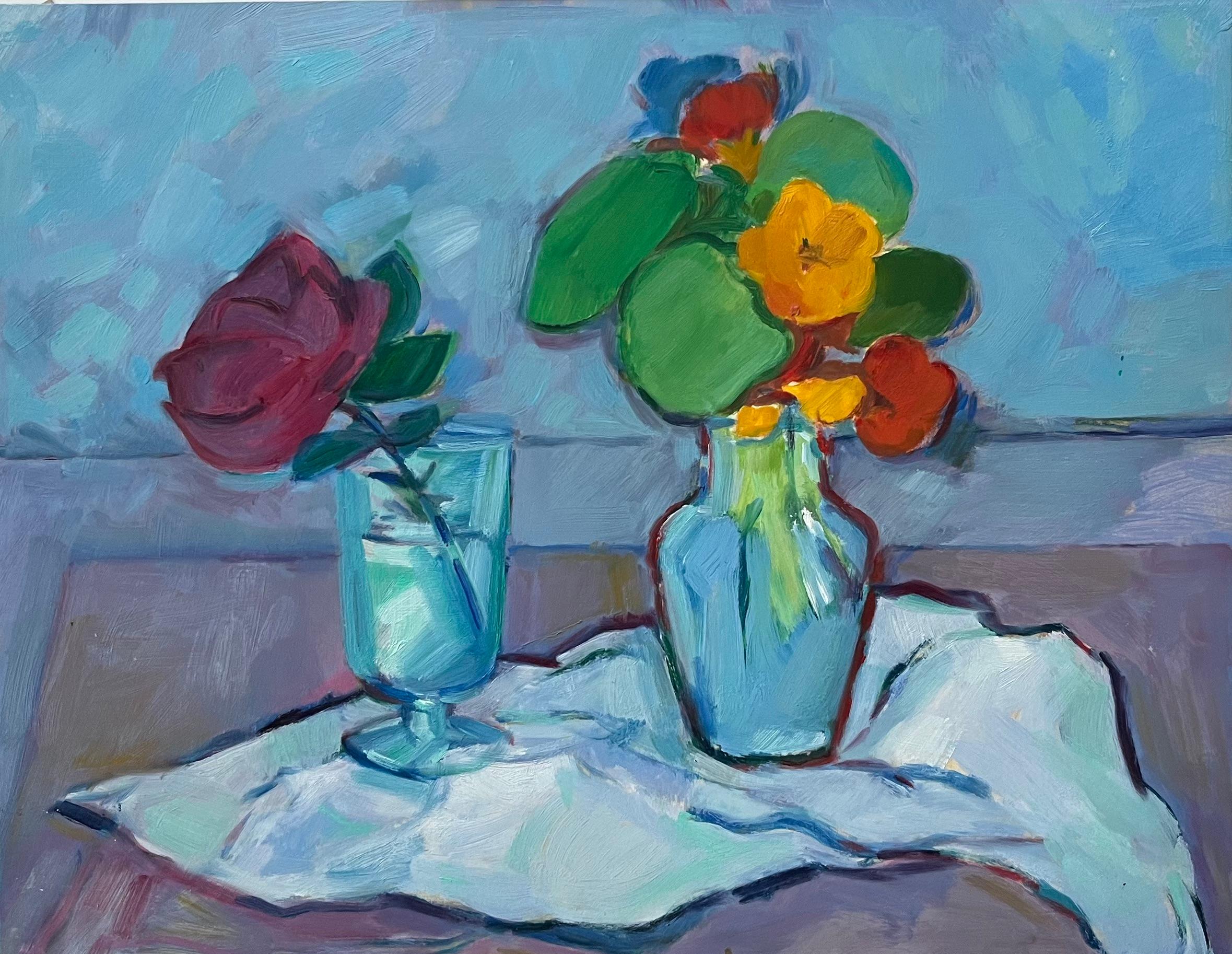 Still-Life Painting di Roland Pichard - Natura morta con rose e nasturzi - Pittura ad olio contemporanea e vibrante