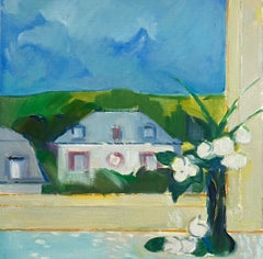 View Through a Window of a House with Flowers - Contemporary Oil Painting