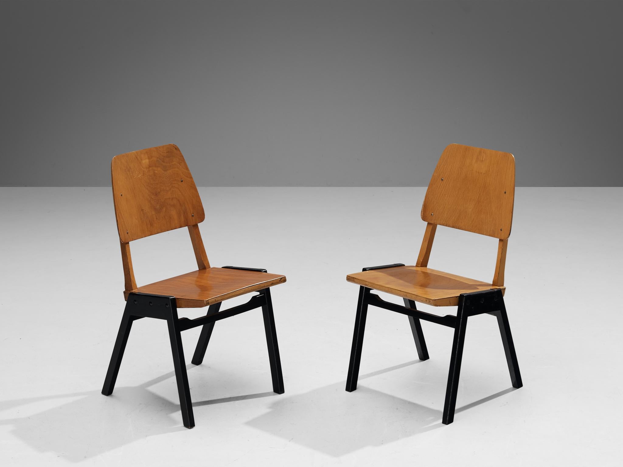 Roland Rainer, dining chairs, stained beech, lacquered beech, Austria, 1950s

These dining chairs have a minimalistic design, distinguished by an open construction style with emphasis on constructive details. The combination of the blond wood with
