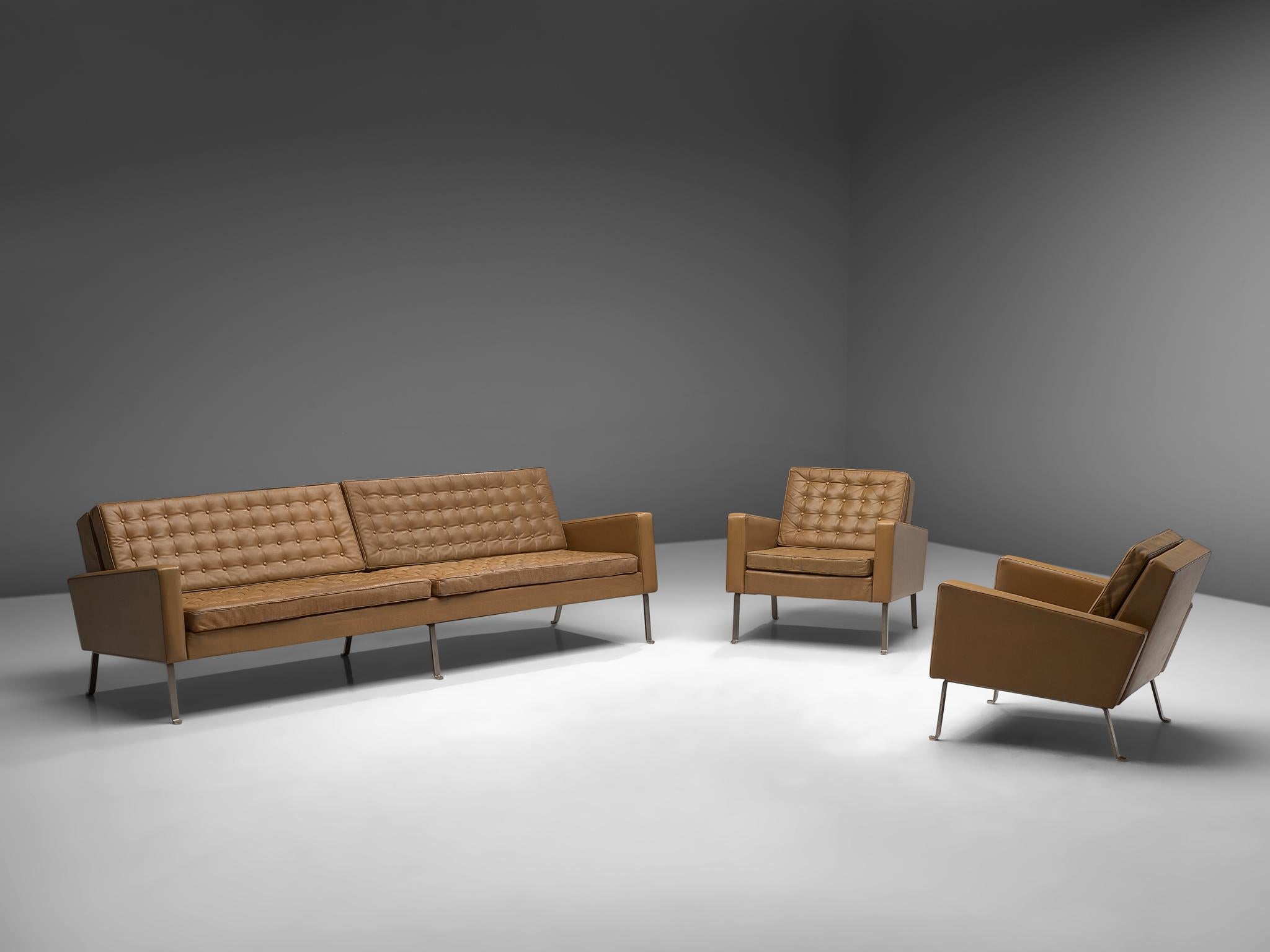 Roland Rainer living room set in leather for Wilkhahn, Germany, 1960s

Modern and beautiful living room set. This set consisting of one large sofa and two chairs features an extraordinary stately design, being both crisp and warm at the same time.