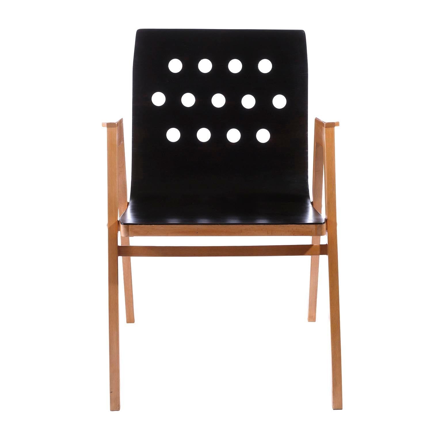 A set of twelve stackable chairs designed by Prof. Roland Rainer in 1951 and manufactured by Emil & Alfred Pollak, Austria, in 1950s.
Roland Rainer used these chairs for the Viennese city hall 