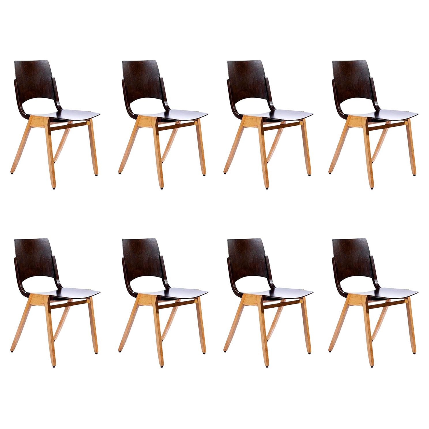 Roland Rainer, Set of Eight Stacking Chairs P7, Bicolored Beech, Austria, 1952 For Sale