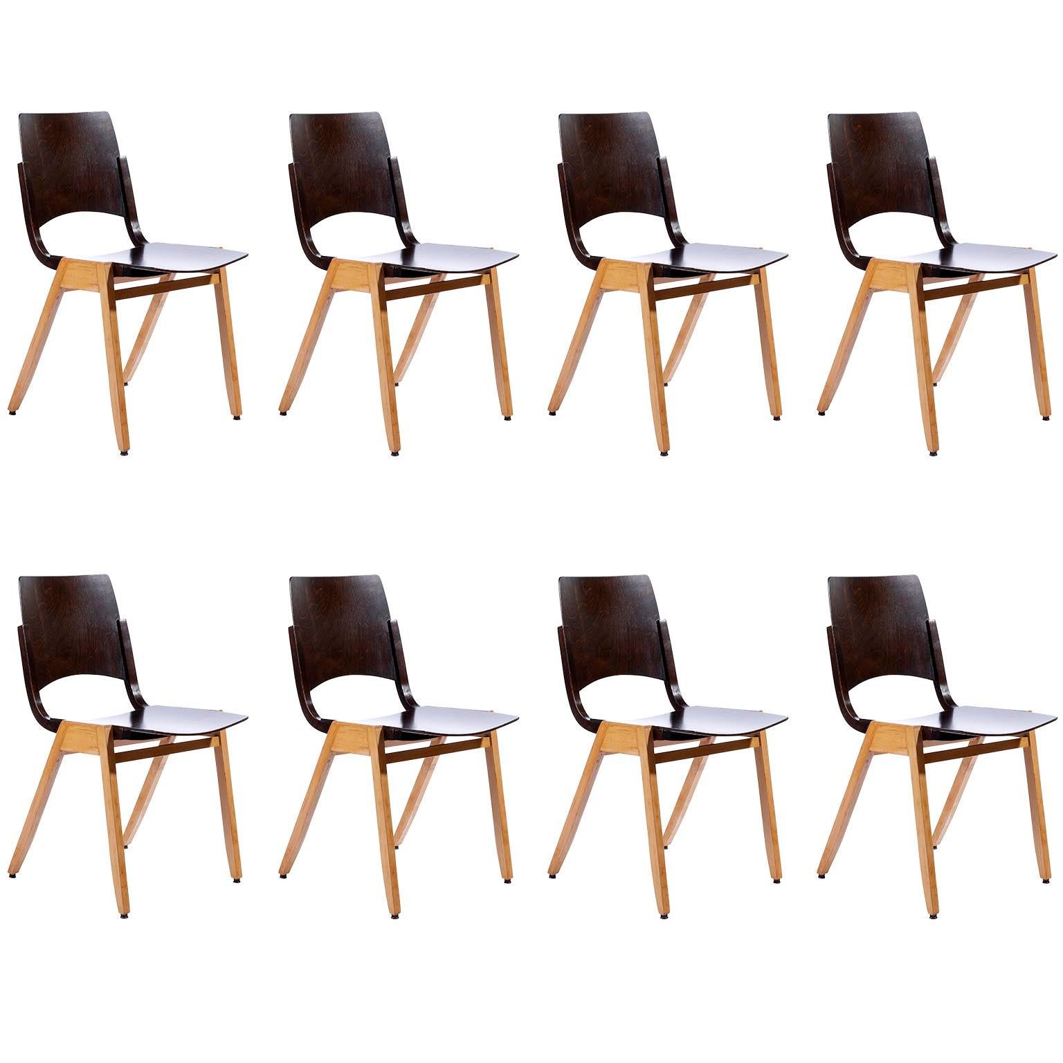 Roland Rainer, Set of Eight Stacking Chairs P7, Bicolored Beech, Austria, 1952