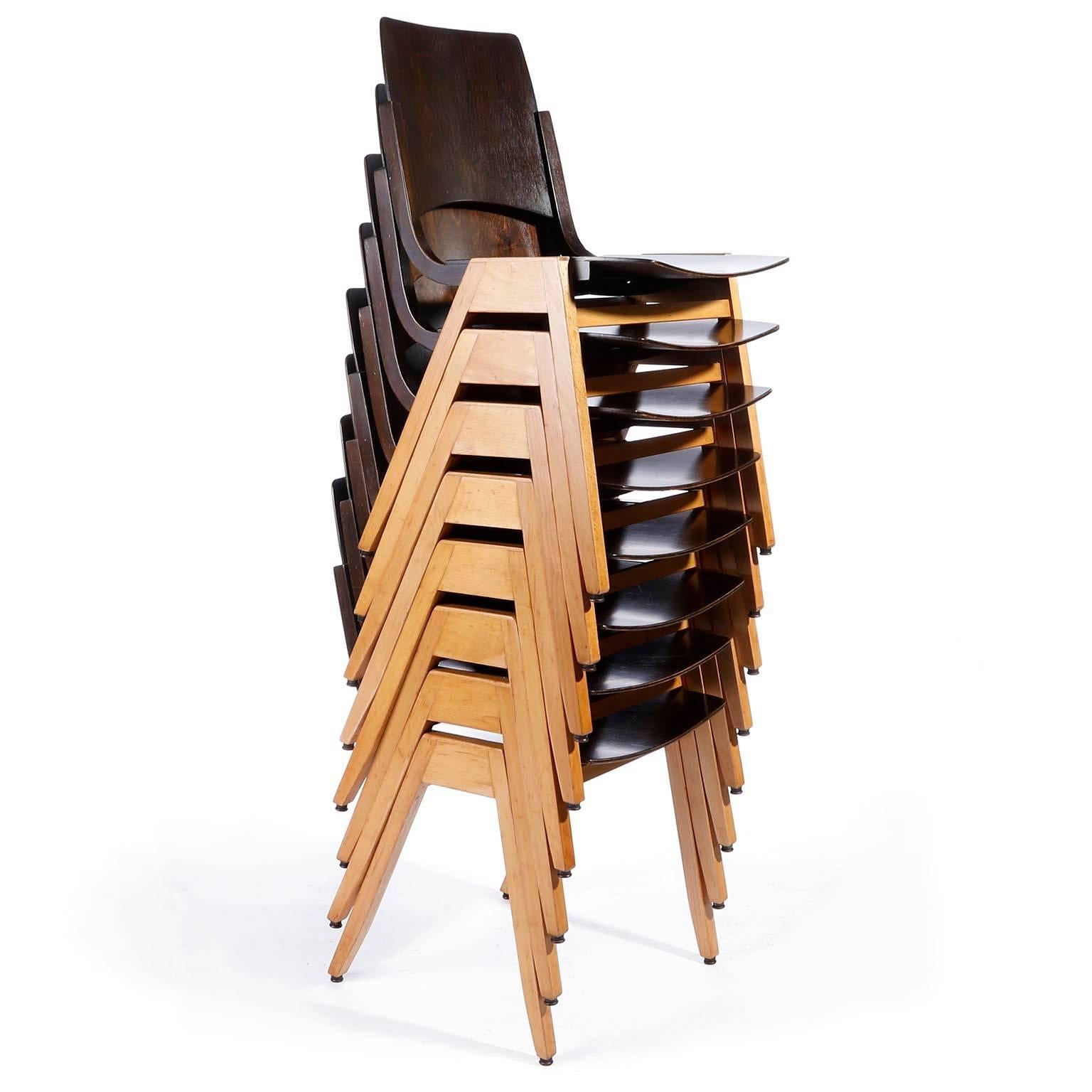 Mid-Century Modern Roland Rainer, Set of Eight Stacking Chairs P7, Bicolored Beech, Austria, 1952