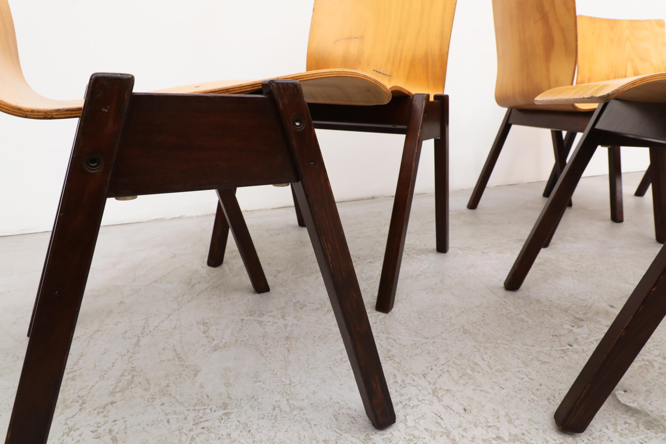 Roland Rainer Style Stacking Chairs Honey Beech & Dark Brown Stained Wood Legs For Sale 5