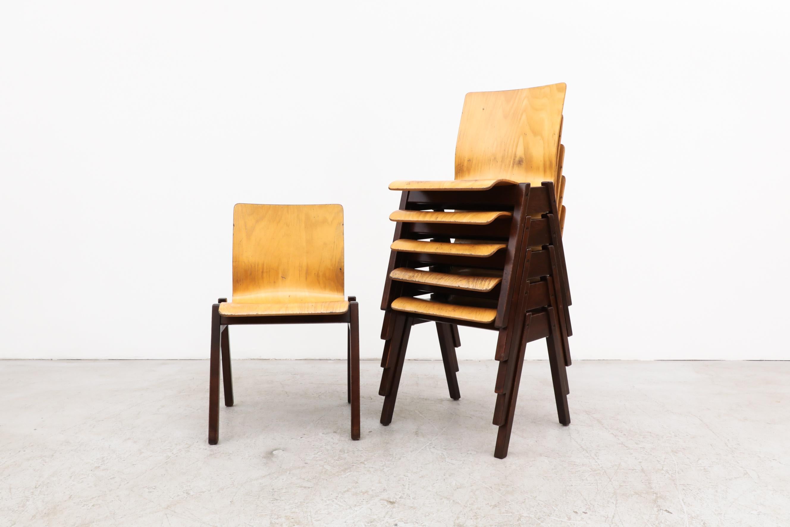 Mid-Century Modern Roland Rainer Style Stacking Chairs Honey Beech & Dark Brown Stained Wood Legs For Sale