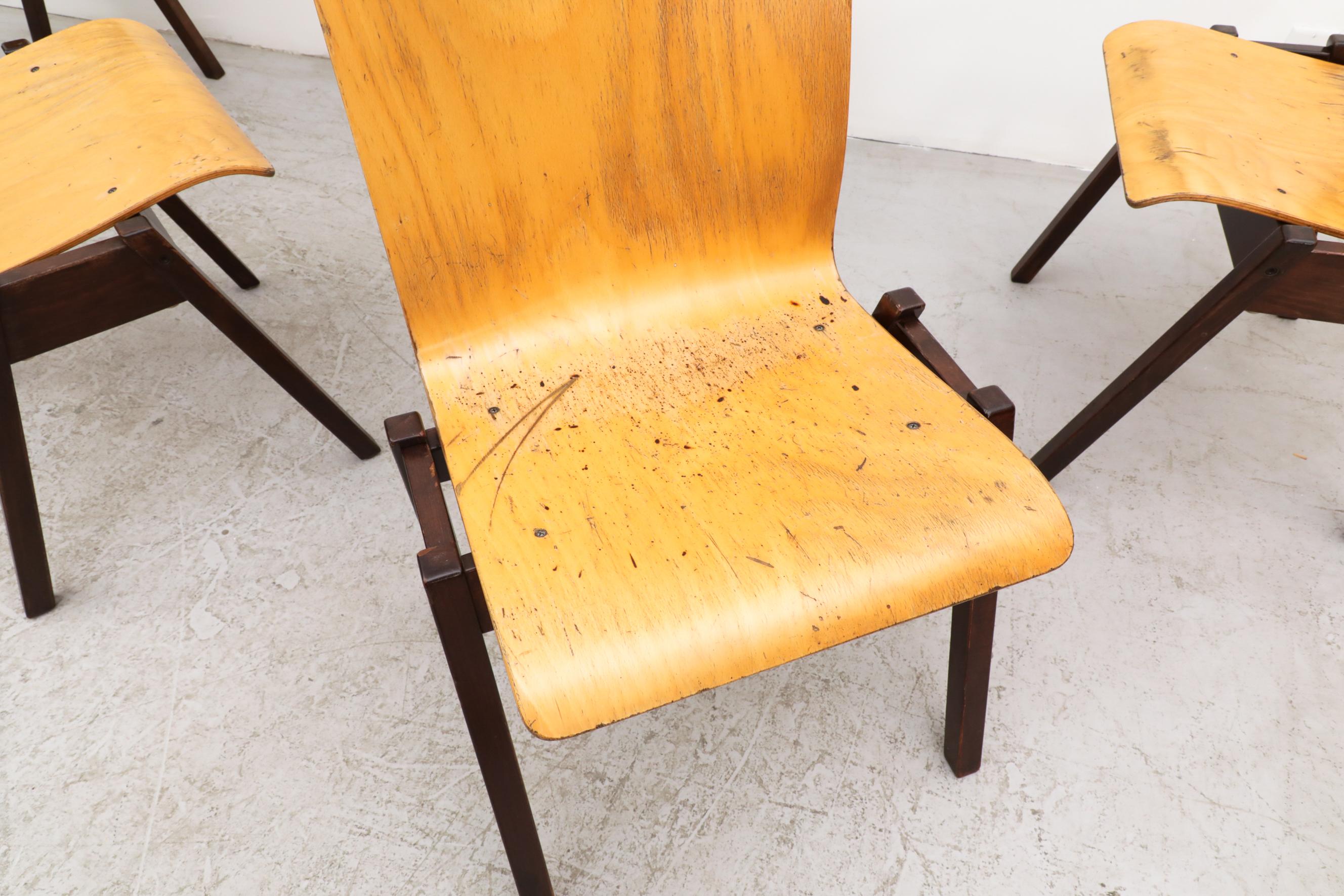 Roland Rainer Style Stacking Chairs Honey Beech & Dark Brown Stained Wood Legs In Good Condition For Sale In Los Angeles, CA