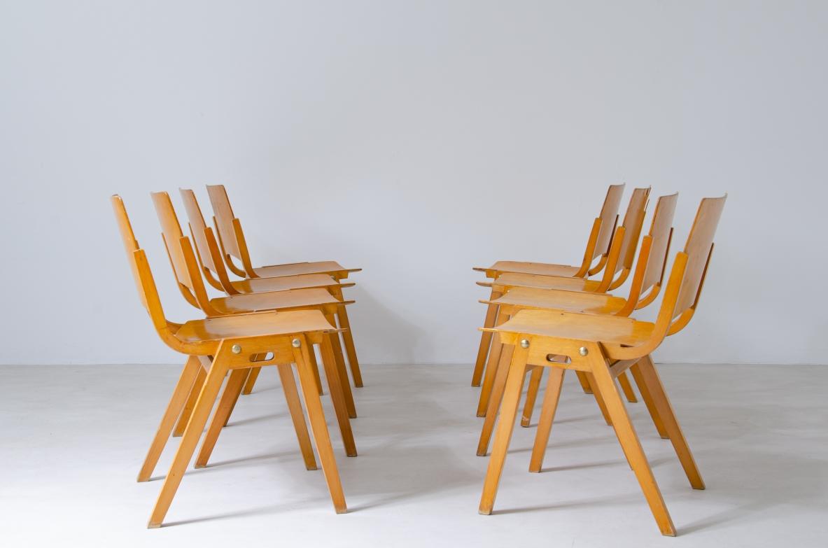 Mid-Century Modern Roland Rainer's set of 8 mid century modern stacking chairs model P7 For Sale