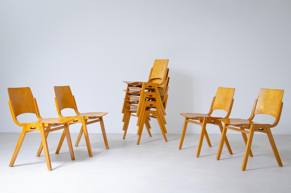 Austrian Roland Rainer's set of 8 mid century modern stacking chairs model P7 For Sale