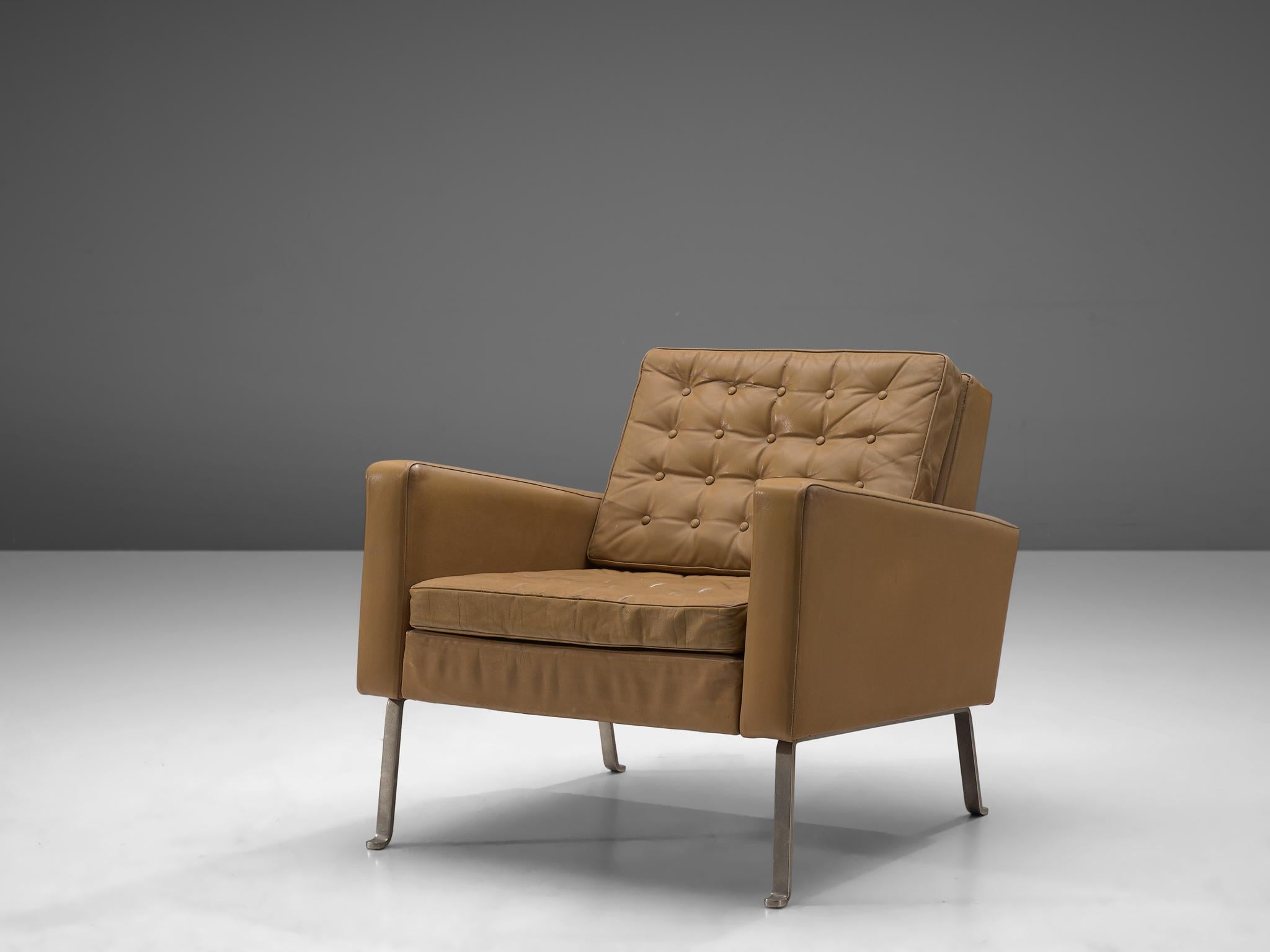Roland Ranier, lounge chair, leather, steel, Austria, 1950s

Modern and beautiful armchair. This chair forms an extraordinary stately appearance, being both crisp and warm at the same time. The steel frame holds a brown beige leather body with