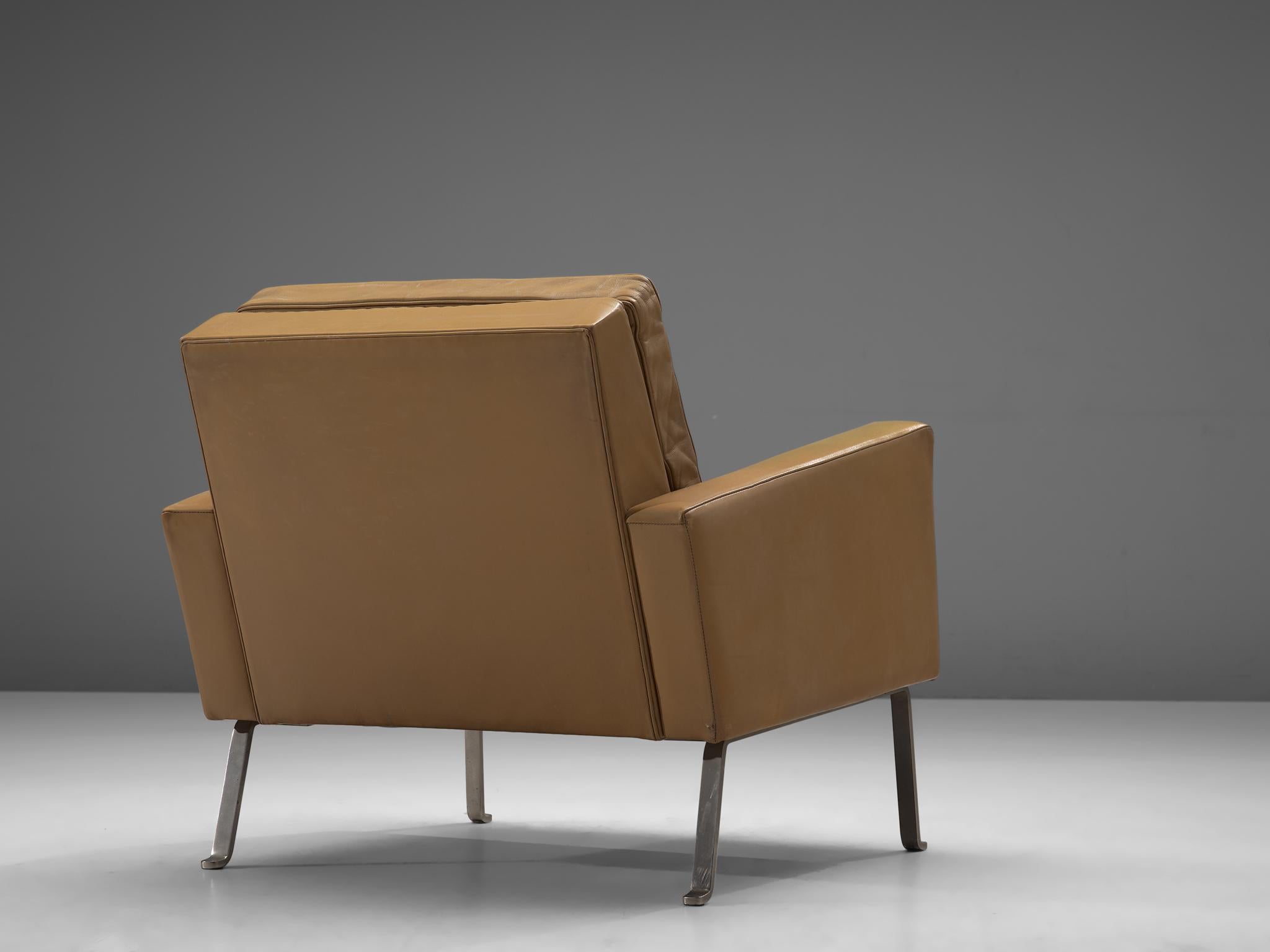 Austrian Roland Ranier Easy Chair in Beige Leather and Metal For Sale