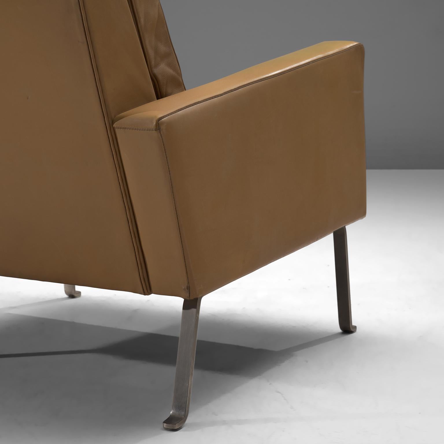 Roland Ranier Easy Chair in Beige Leather and Metal In Good Condition For Sale In Waalwijk, NL
