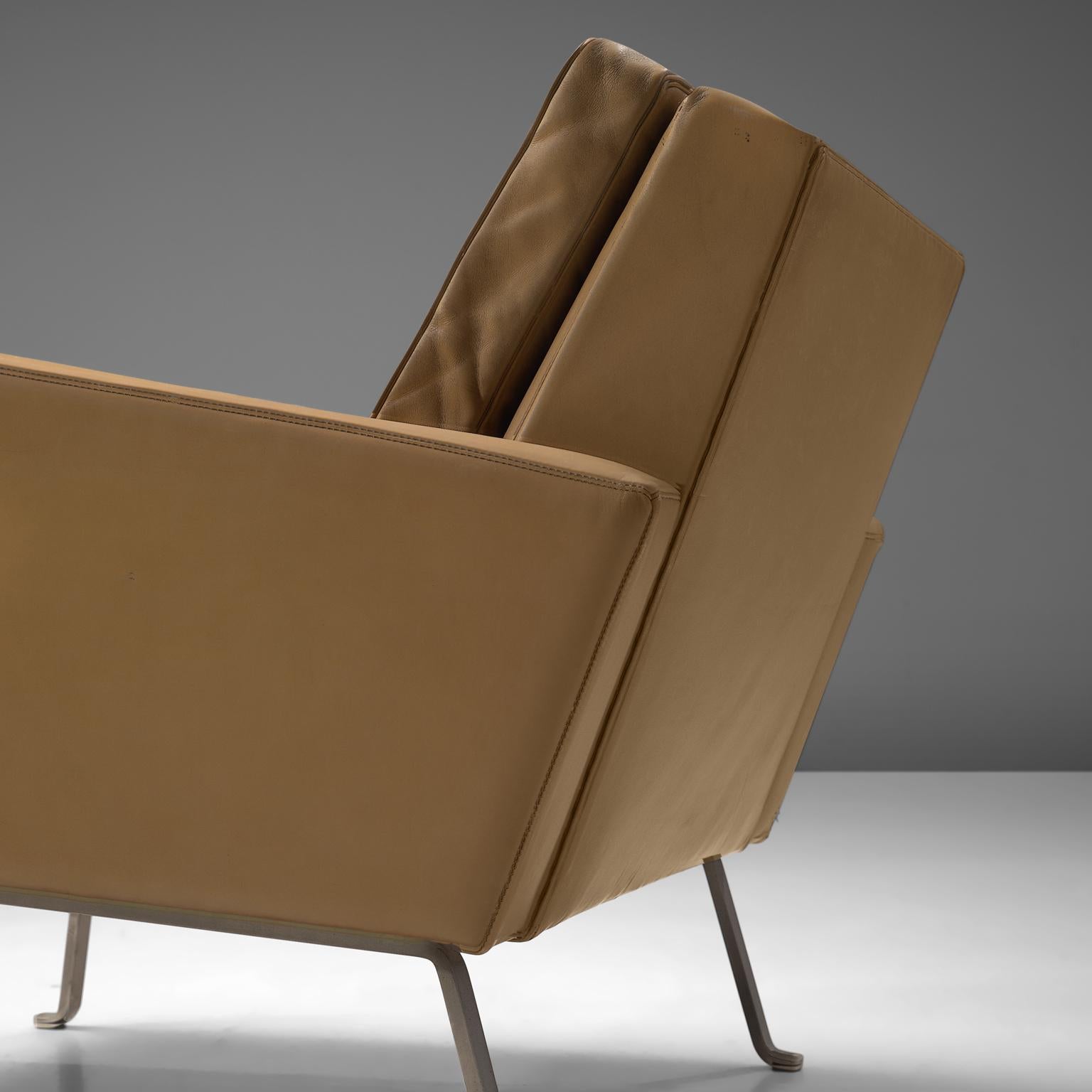 Mid-20th Century Roland Ranier Easy Chair in Beige Leather and Metal For Sale