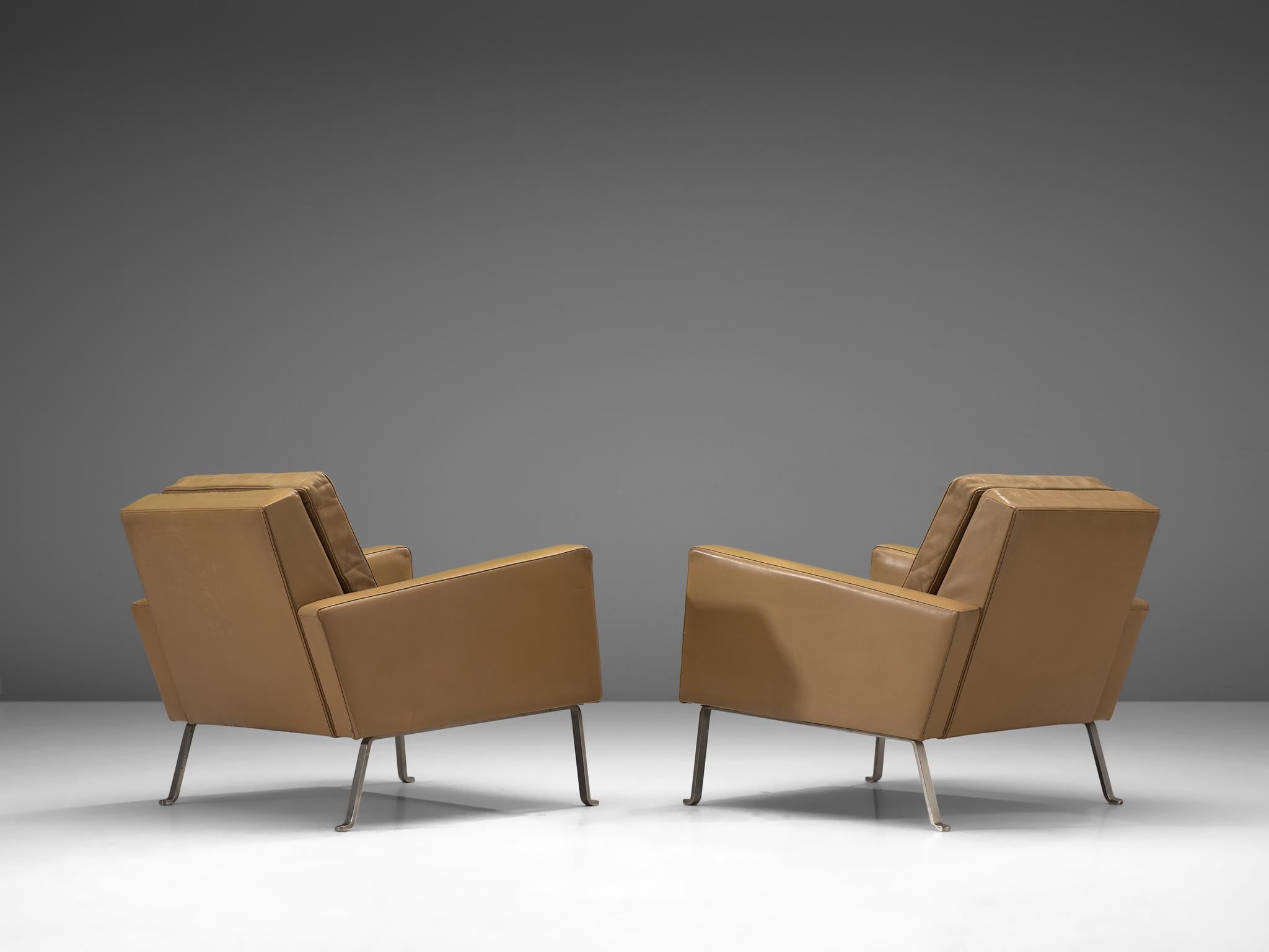 Austrian Roland Ranier Pair of Easy Chairs in Beige Leather and Metal For Sale