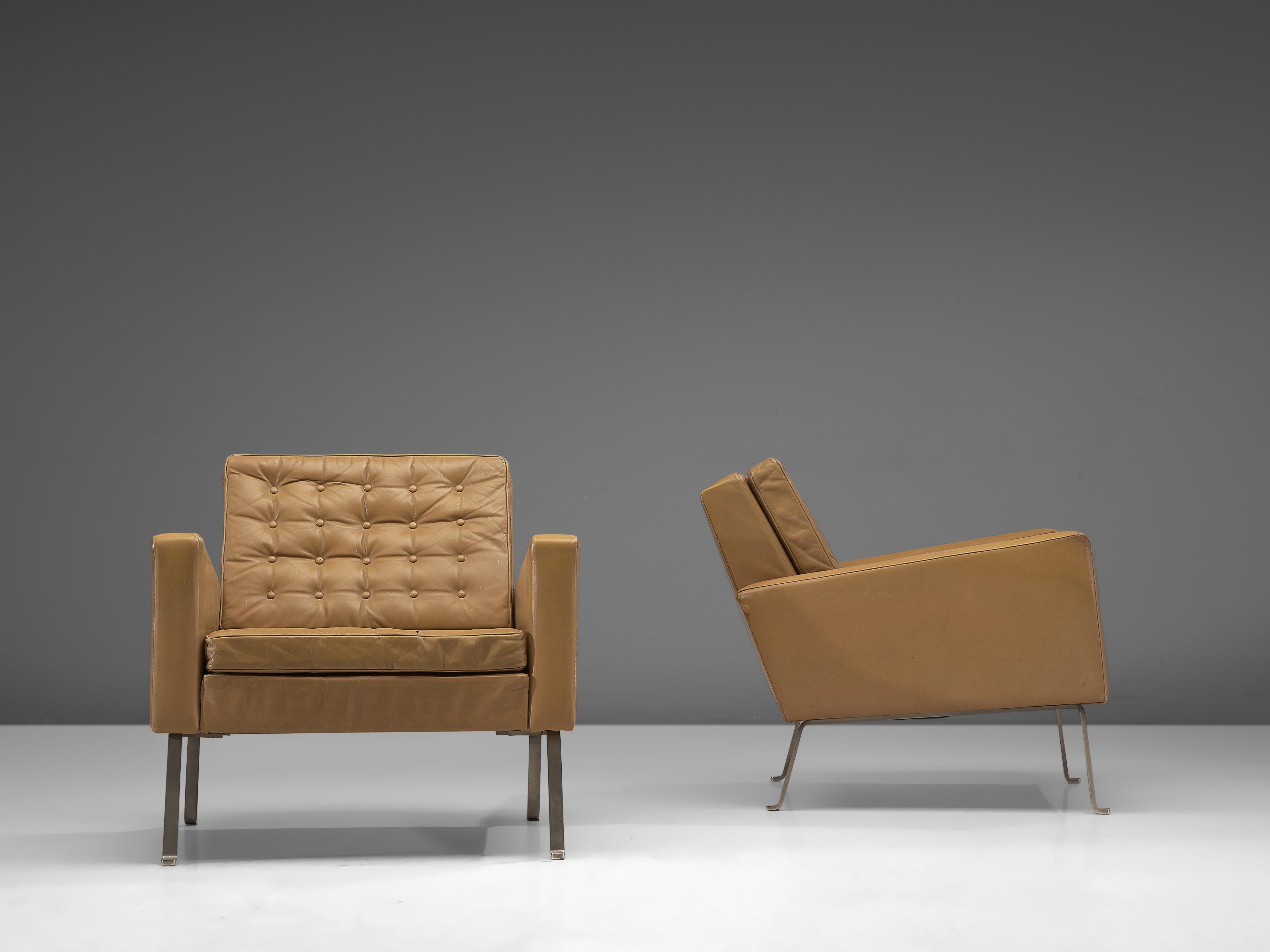 Steel Roland Ranier Easy Chairs in Beige Leather 