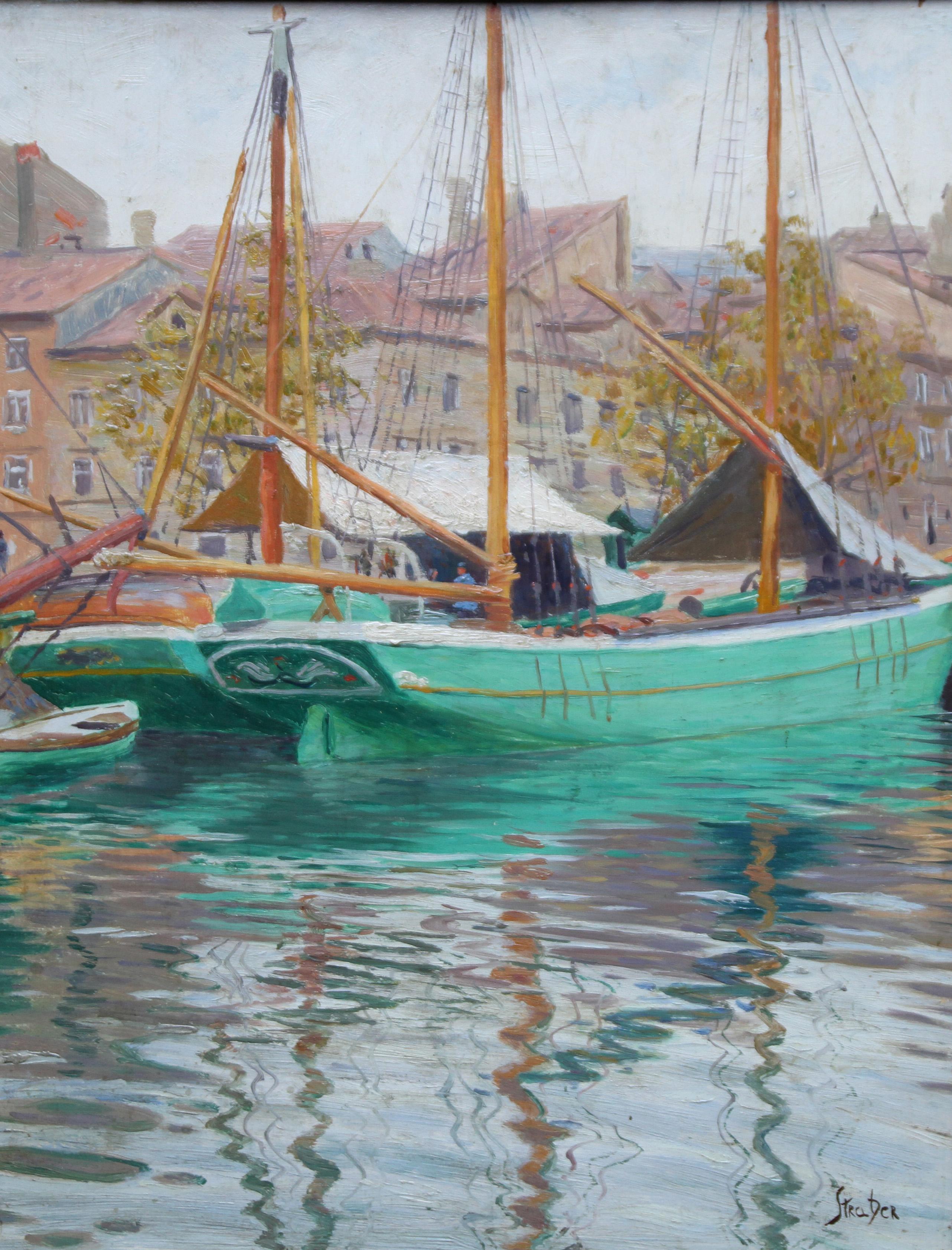 Escena portuaria Yakarta - Pintura al óleo de arte marino 1920 Indonesia Barcos Bugis en venta 5