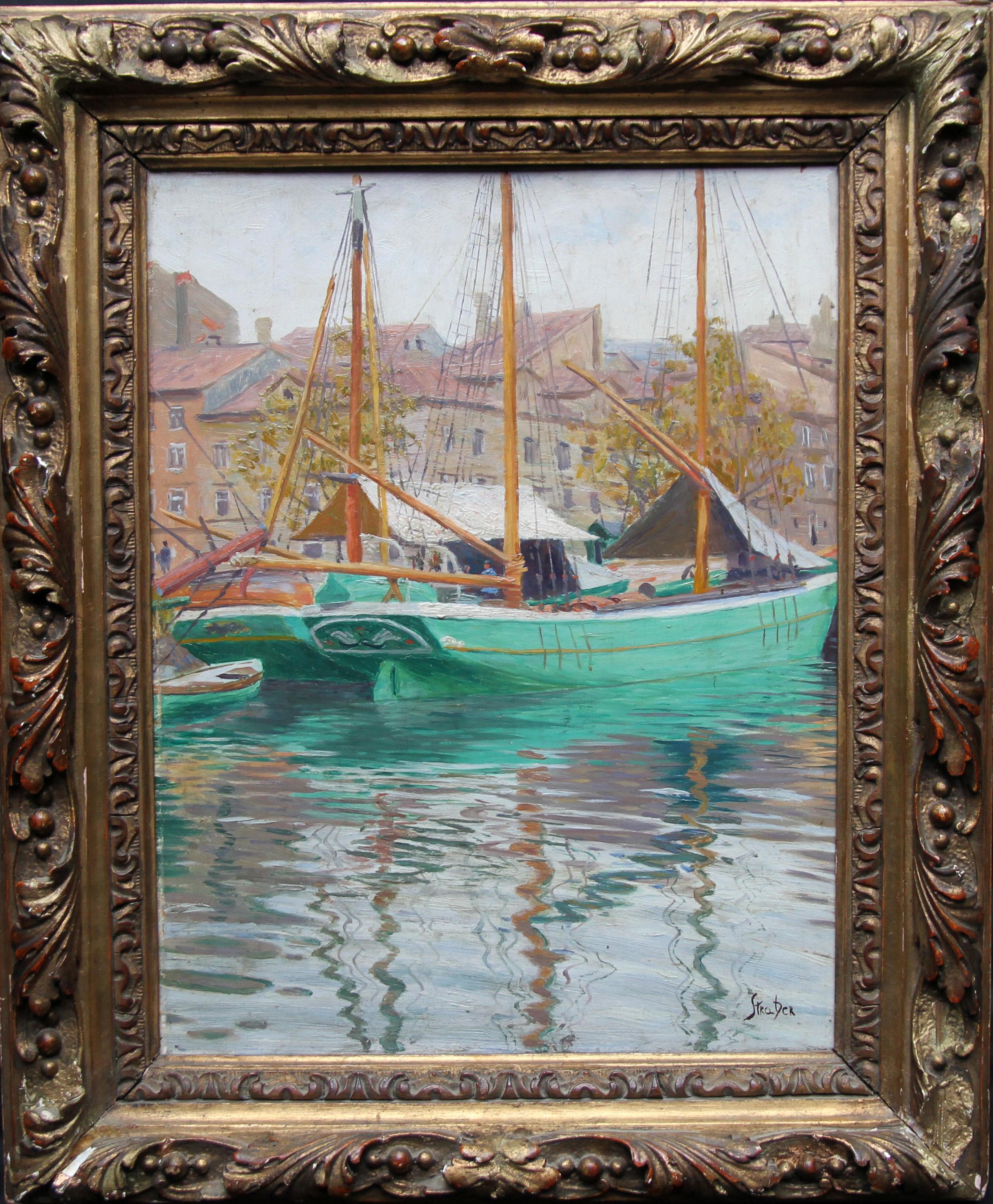 Escena portuaria Yakarta - Pintura al óleo de arte marino 1920 Indonesia Barcos Bugis en venta 6