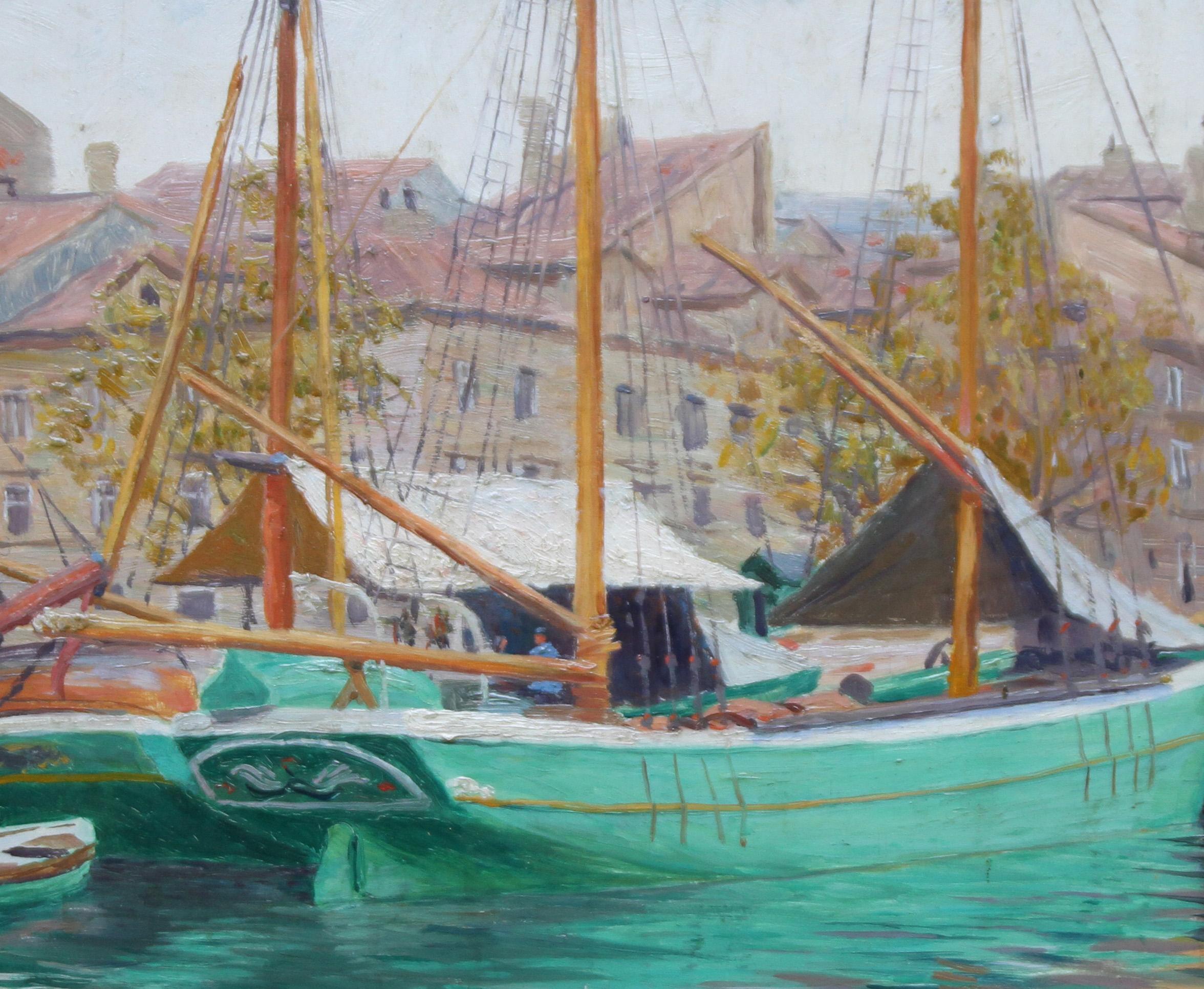 Escena portuaria Yakarta - Pintura al óleo de arte marino 1920 Indonesia Barcos Bugis - Painting Realista de Roland Strasser  