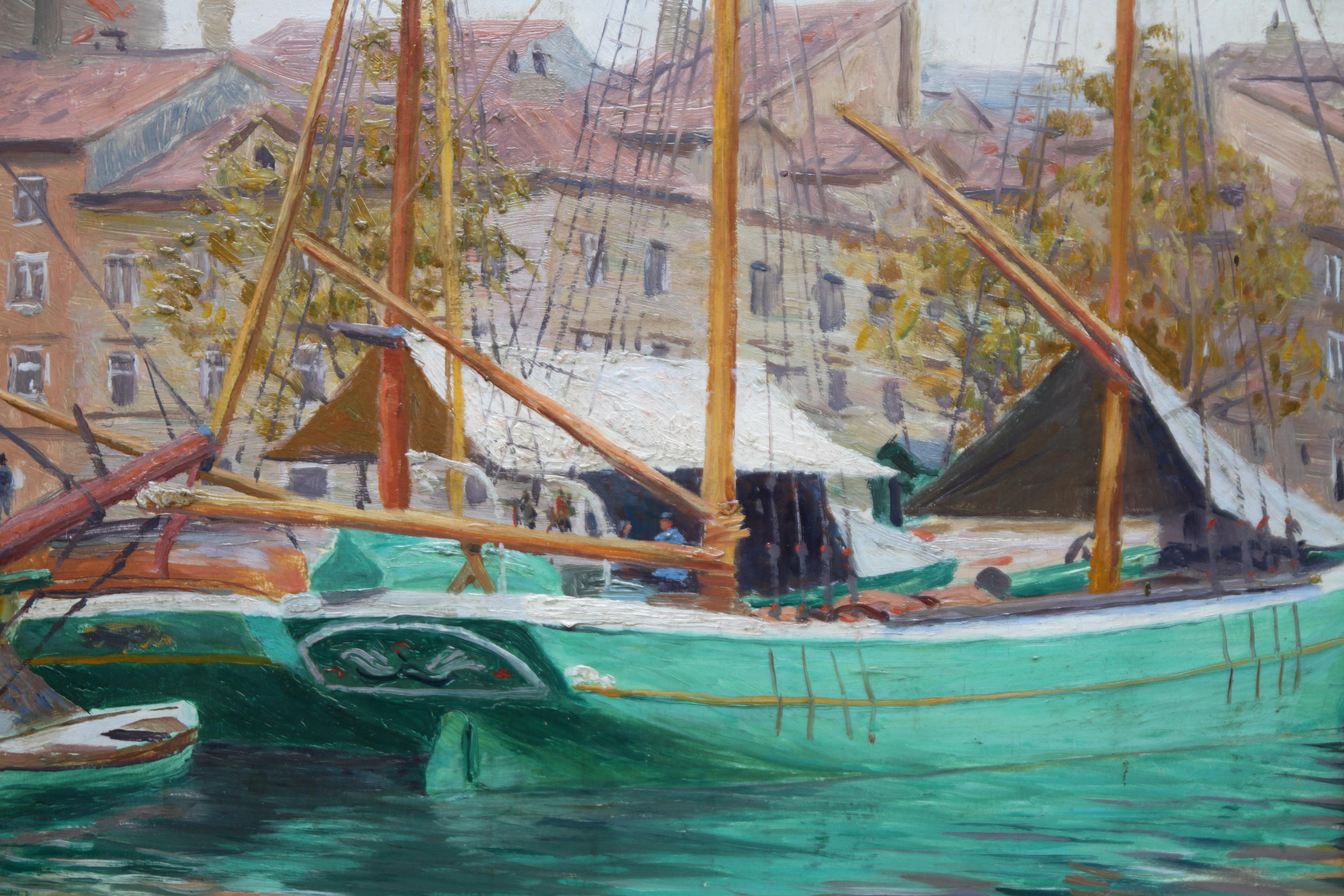 Escena portuaria Yakarta - Pintura al óleo de arte marino 1920 Indonesia Barcos Bugis - Landscape Painting Gris de Roland Strasser  
