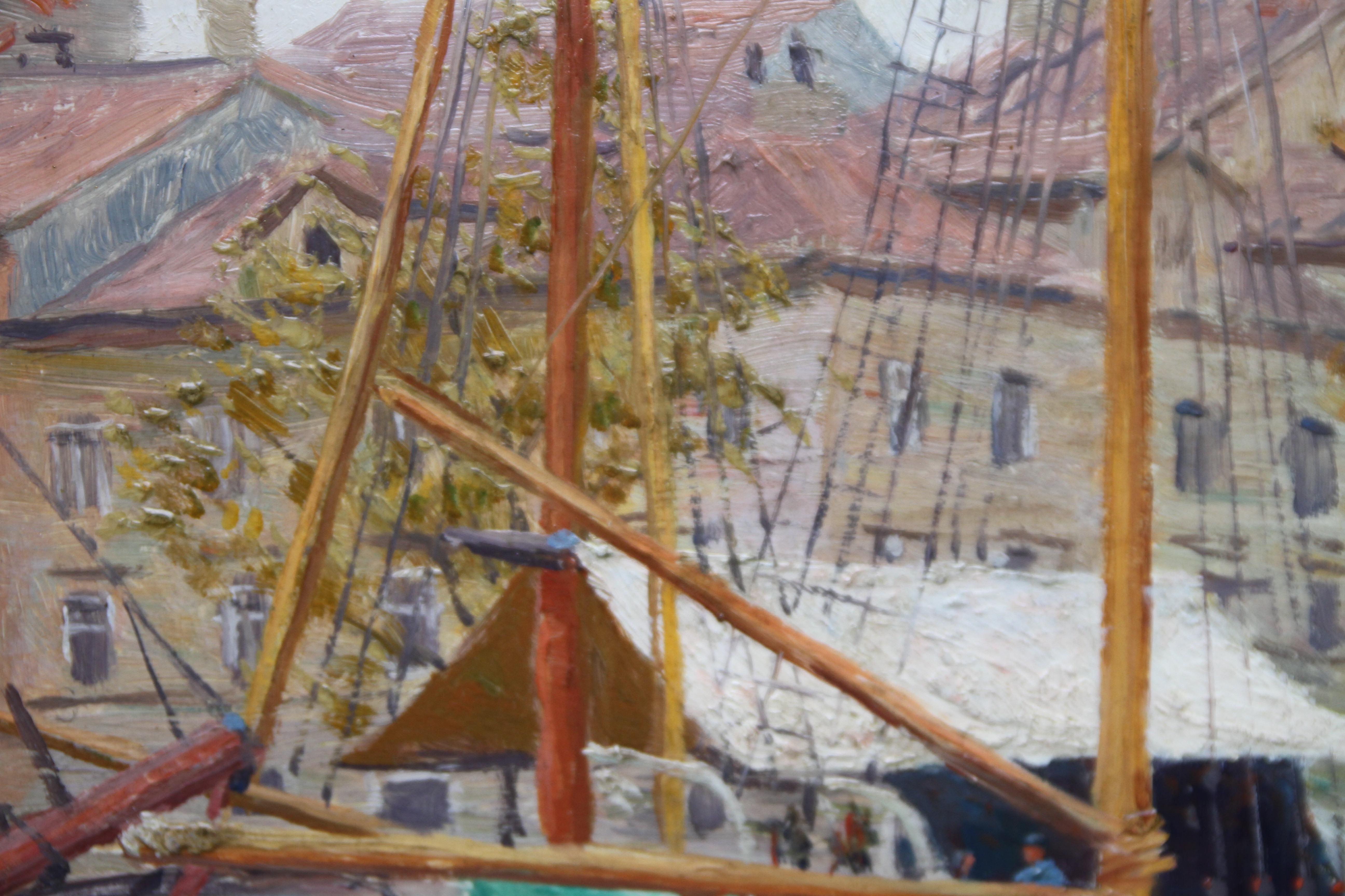 Escena portuaria Yakarta - Pintura al óleo de arte marino 1920 Indonesia Barcos Bugis en venta 1